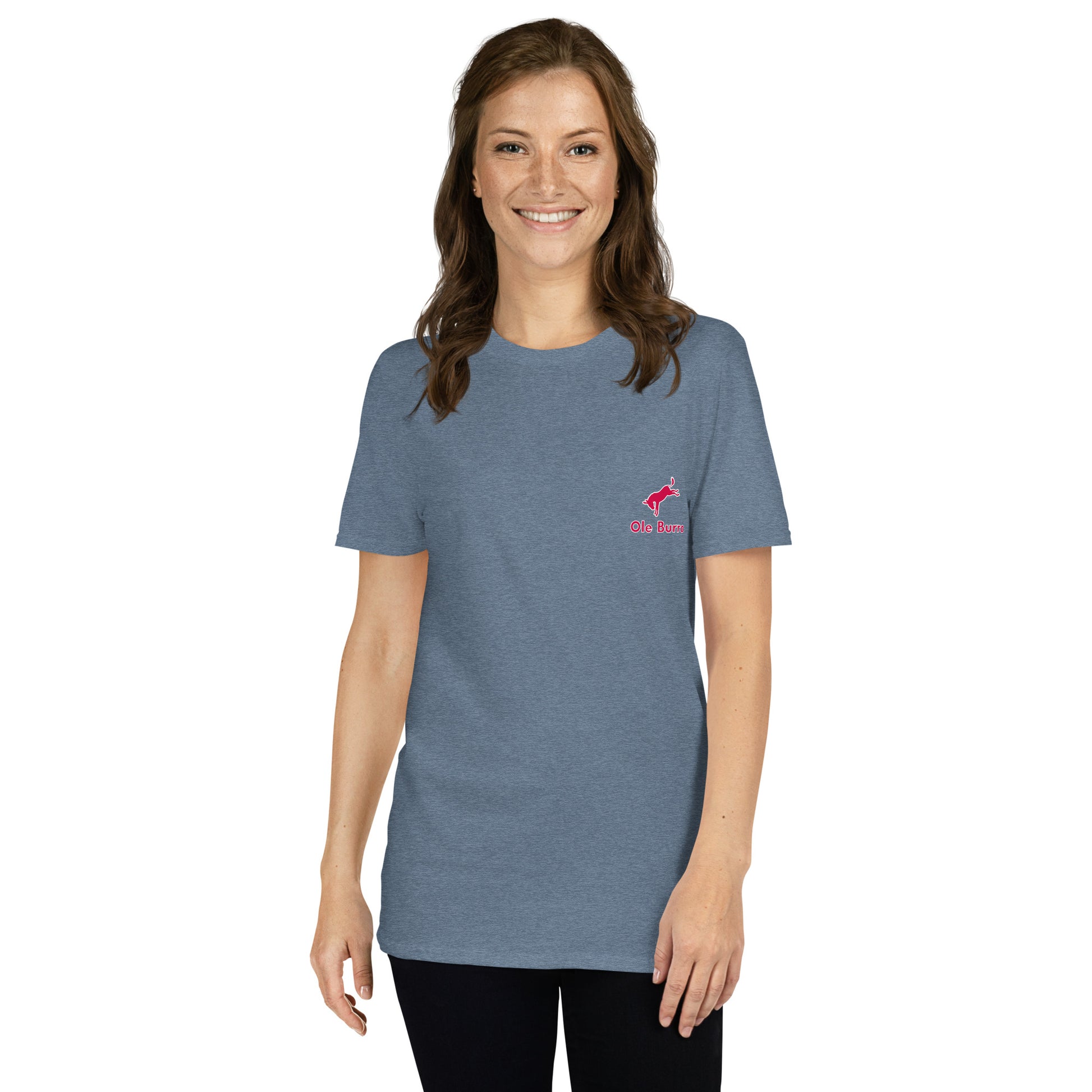 Woman wearing a blue t-shirt with a small logo on a white background