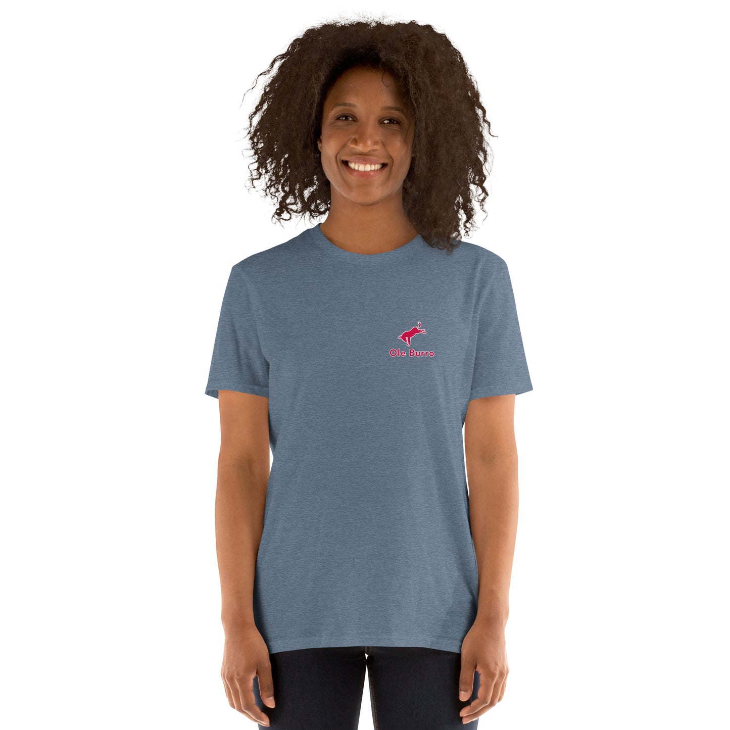 Person wearing a blue t-shirt with a logo on a white background