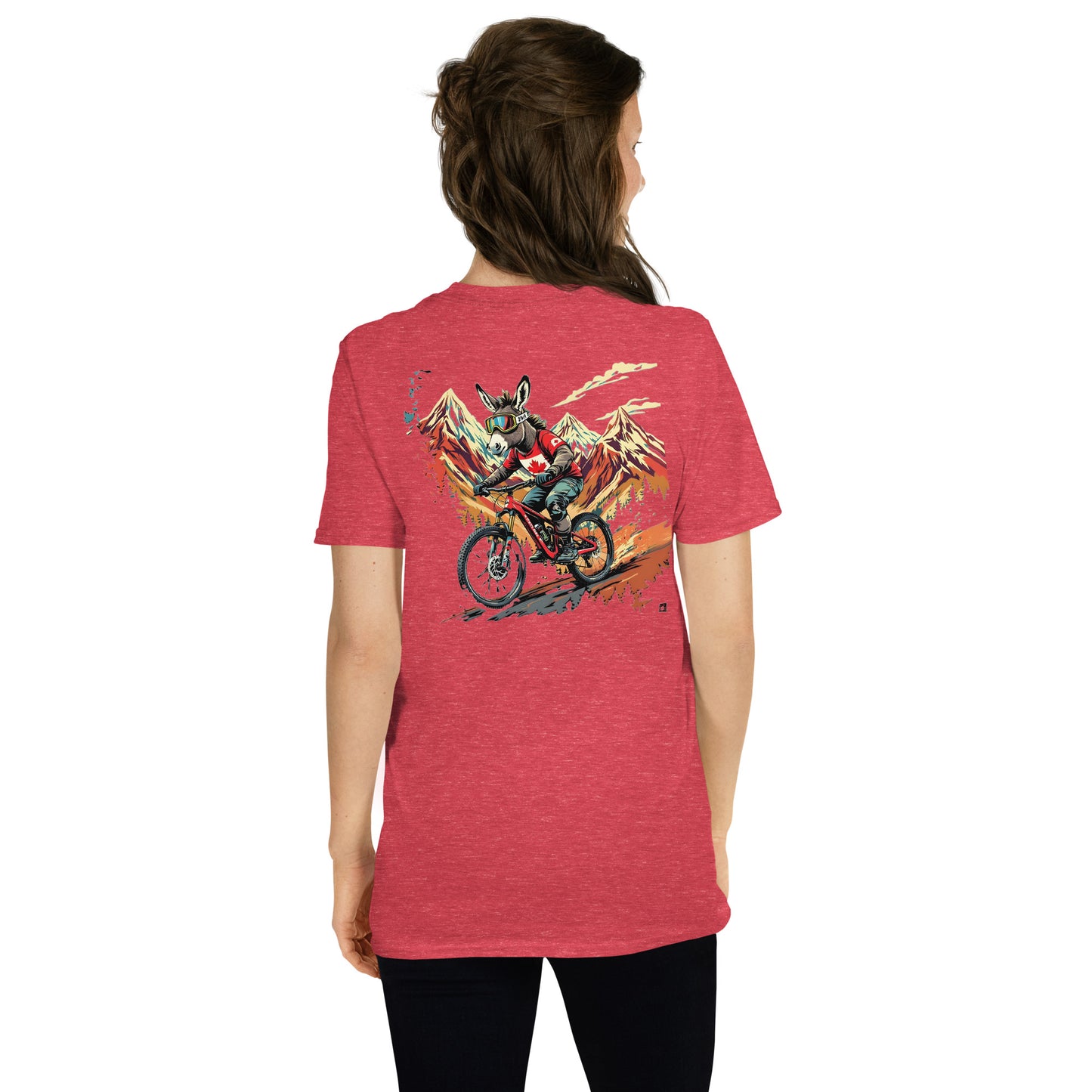 Person wearing a red t-shirt with a graphic design on the back