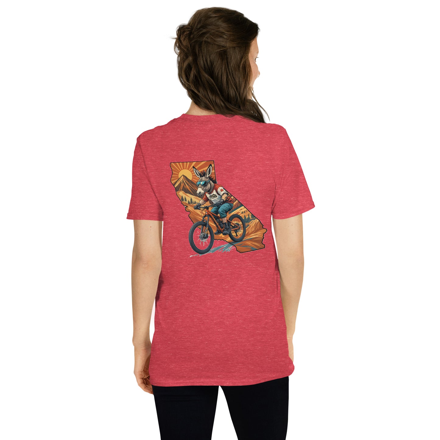 Person wearing a red t-shirt with a graphic of a dog on a motorcycle in California, on a white background
