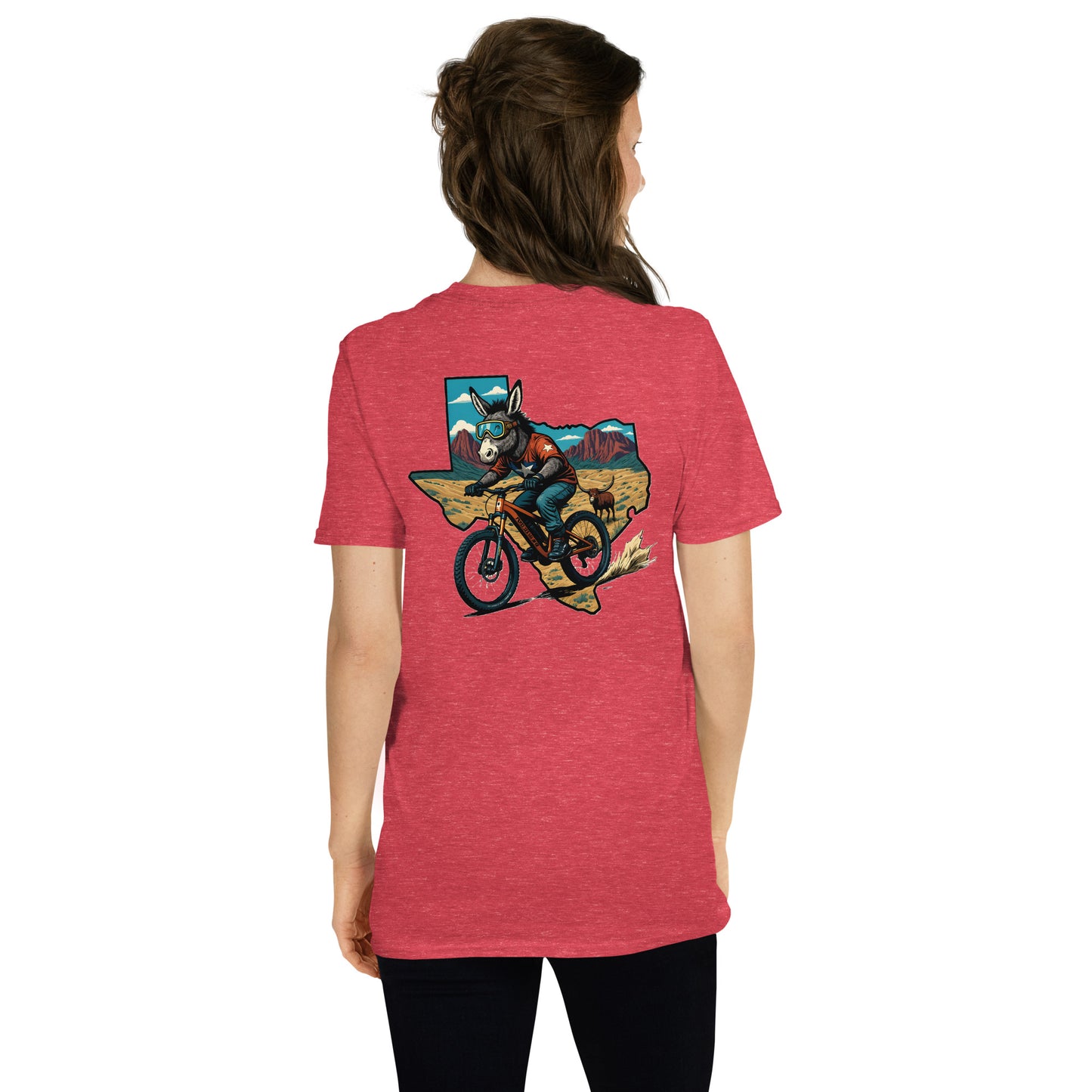 Person wearing a red t-shirt with a graphic design on the back