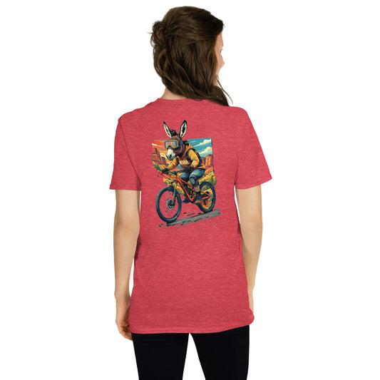 Person wearing a red t-shirt with a graphic of a donkey on a motorcycle on the back.