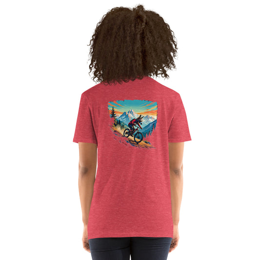 Red t-shirt with a mountain bike graphic on the back, worn by a person.