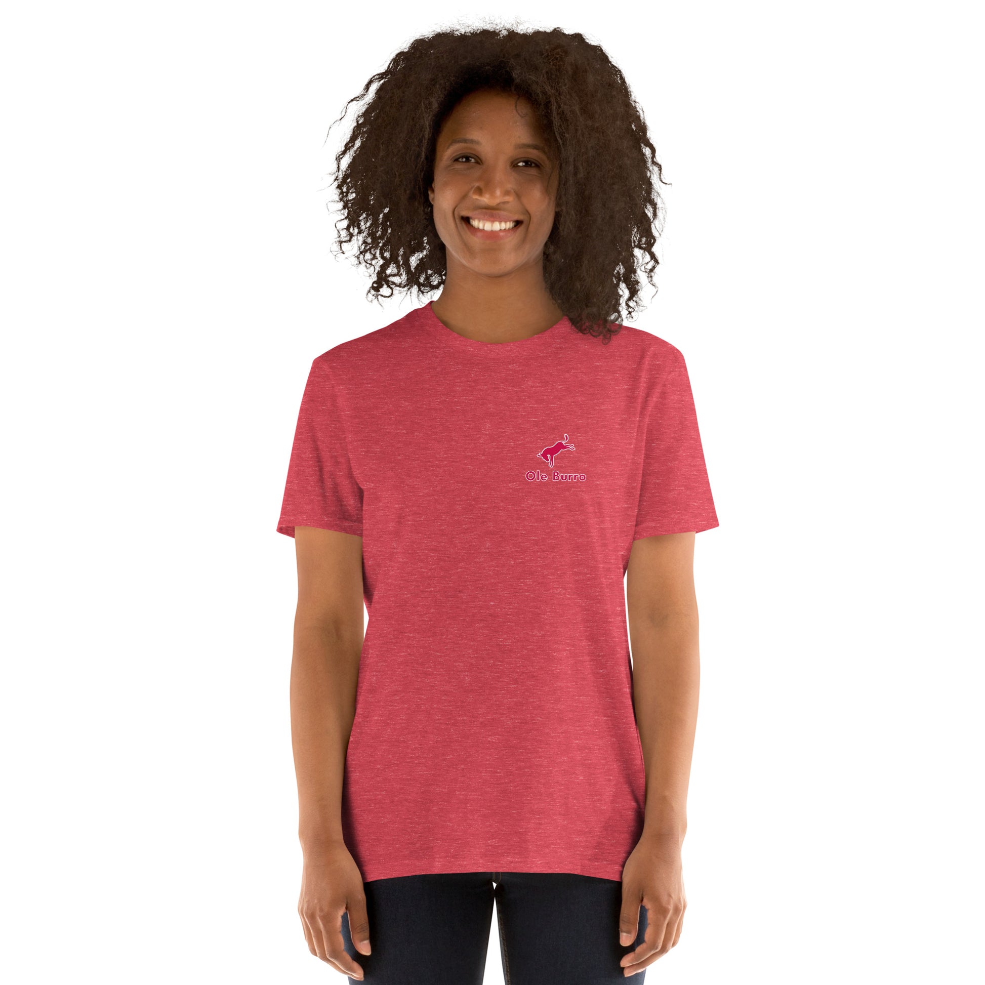 Person wearing a red t-shirt with a logo on a white background