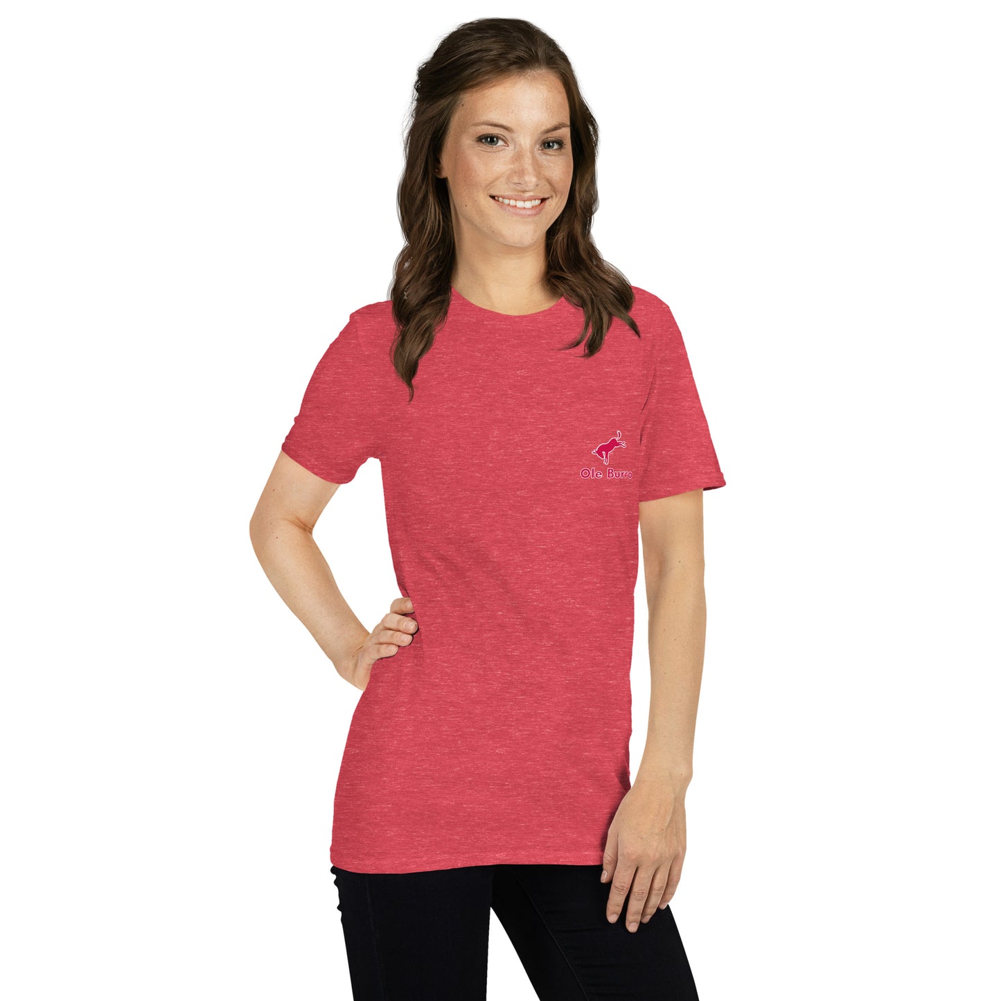 Woman wearing a red t-shirt with a logo on a white background