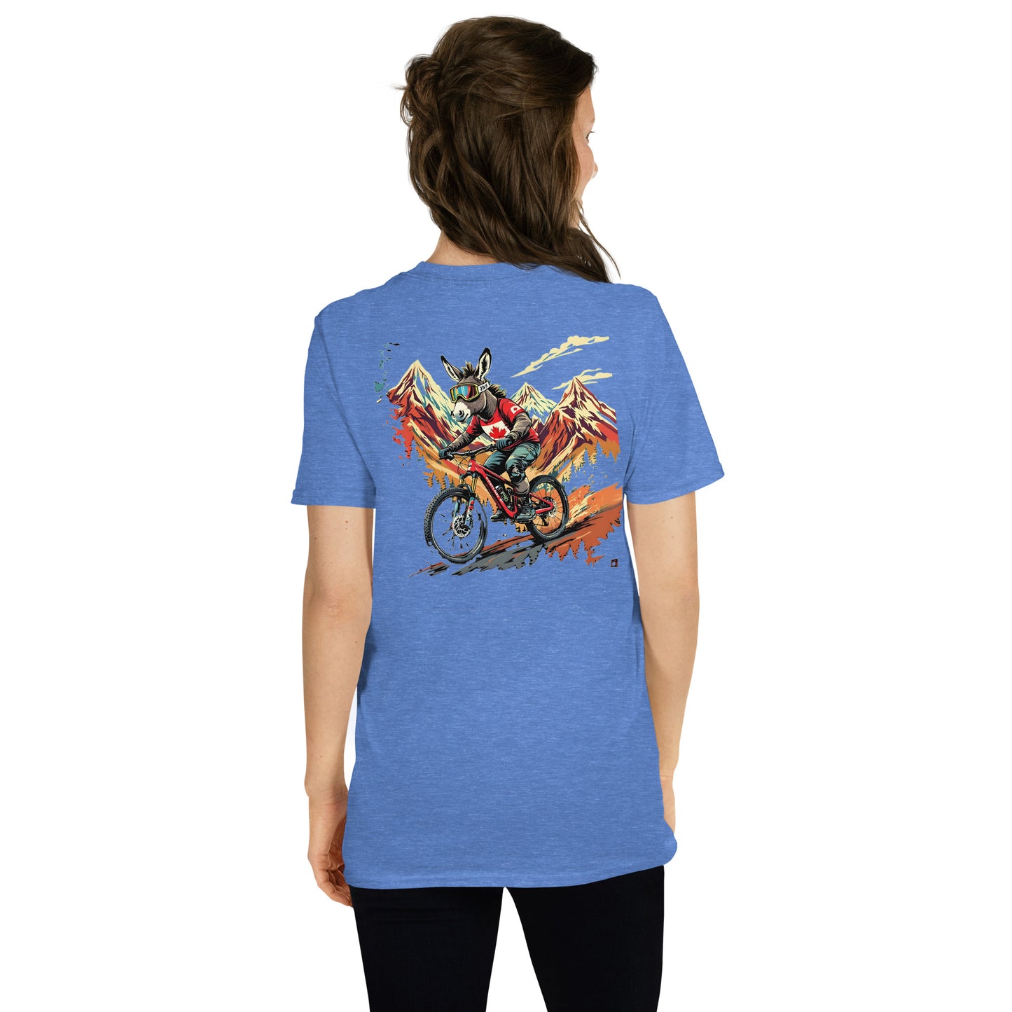 Person wearing a blue t-shirt with a graphic design on the back