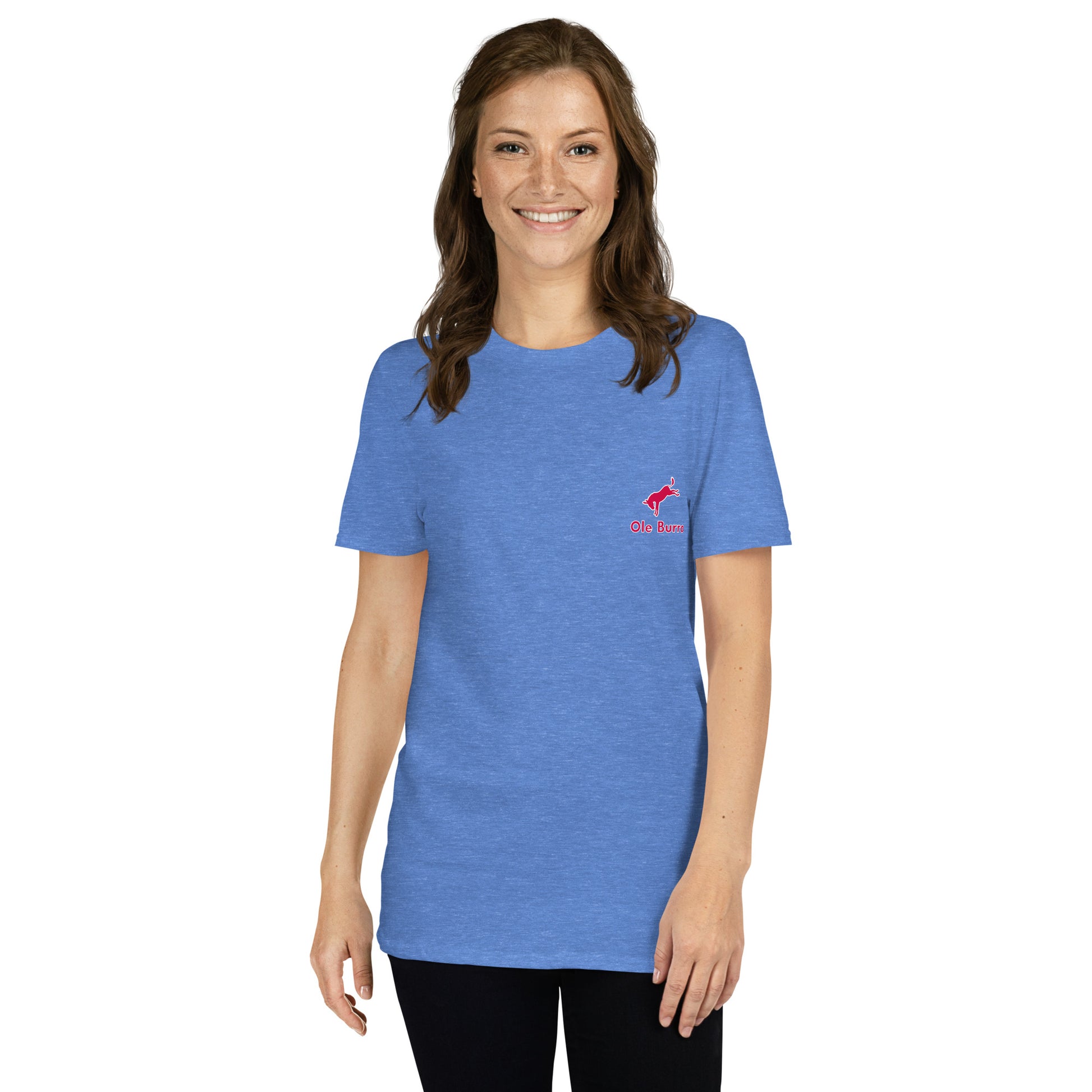Woman wearing a blue t-shirt with a small logo on a white background