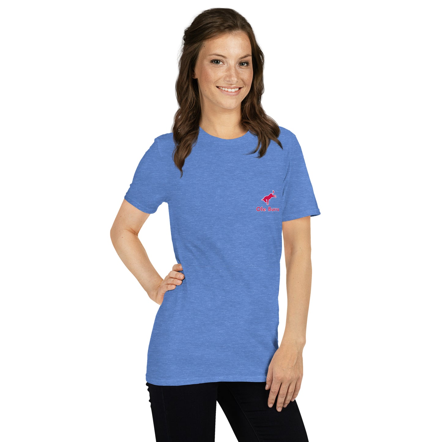 Woman wearing a blue t-shirt with a logo on a white background
