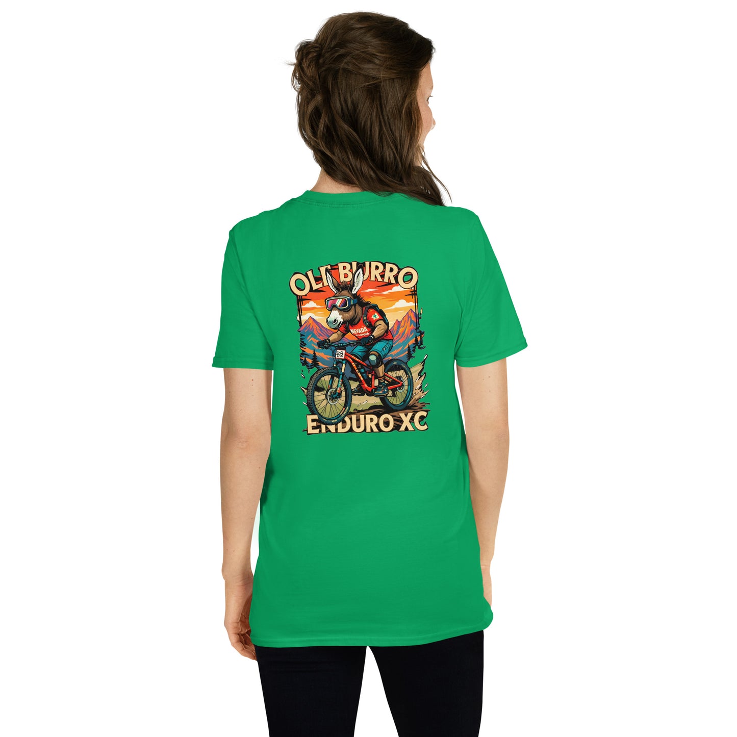 Green t-shirt with a graphic design on the back worn by a person