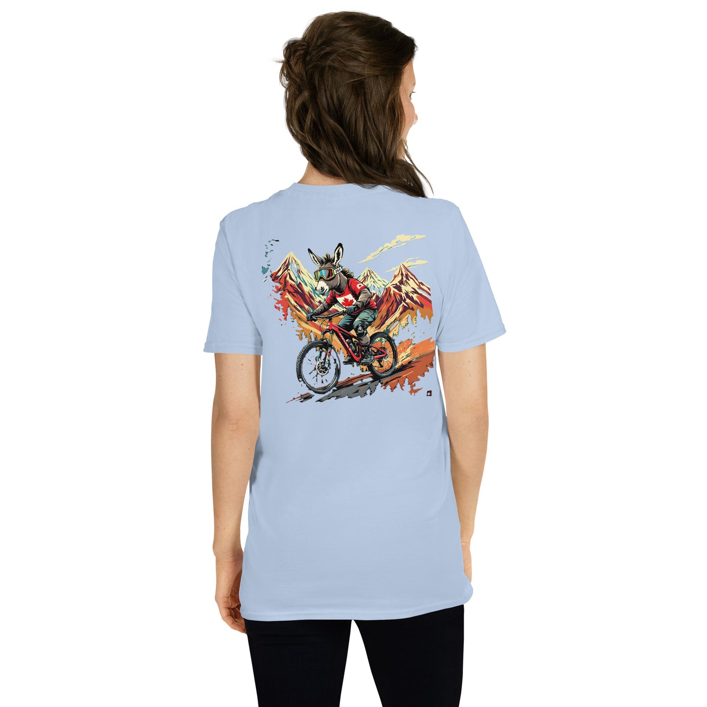 Light blue t-shirt with a graphic design on the back, worn by a person.
