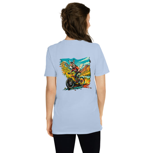 Light blue t-shirt with a colorful graphic on the back worn by a person