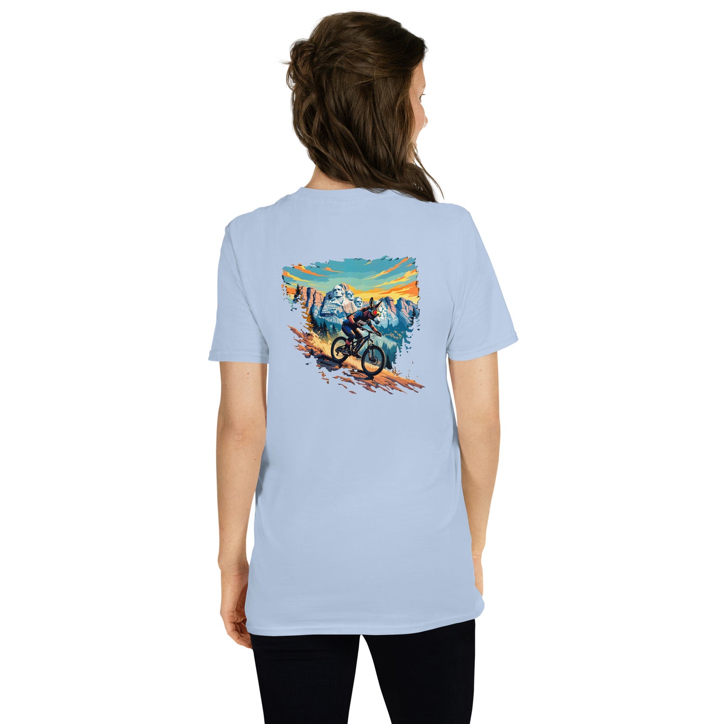 Light blue t-shirt with a graphic of a mountain bike on the back, worn by a person.