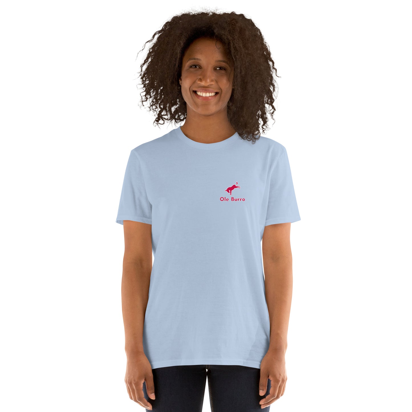 Person wearing a light blue t-shirt with a red logo on a white background