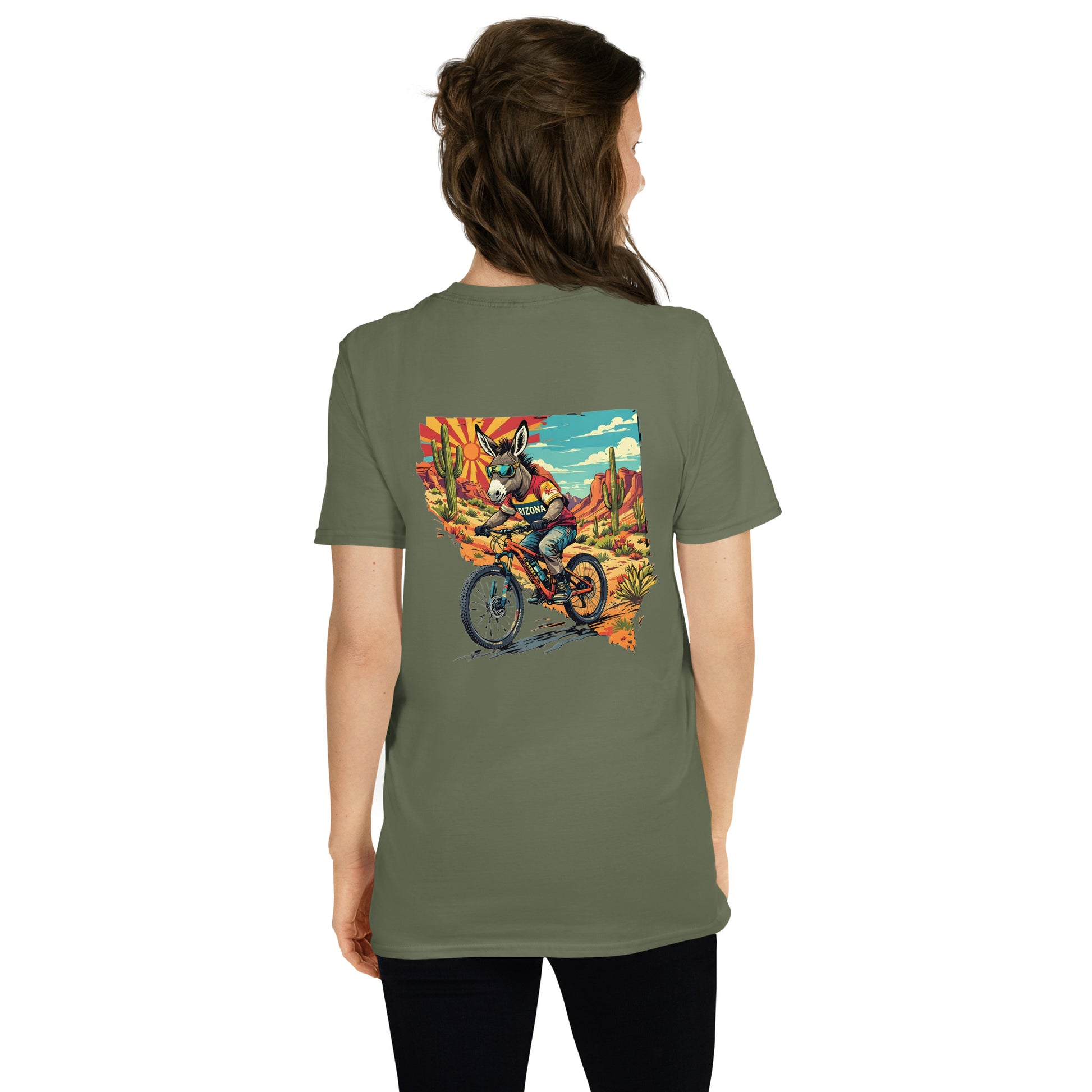 Person wearing a green t-shirt with a colorful graphic on the back
