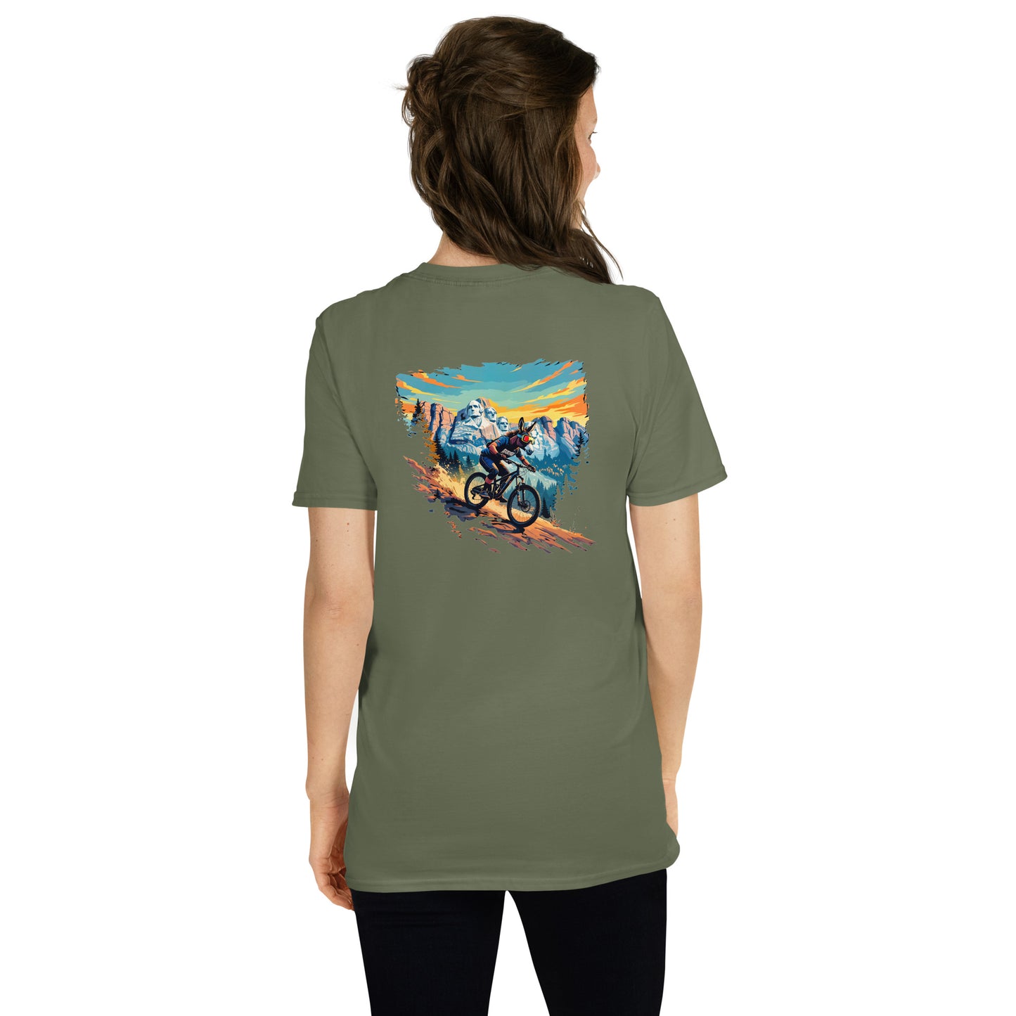 Person wearing a green t-shirt with a mountain bike graphic on the back