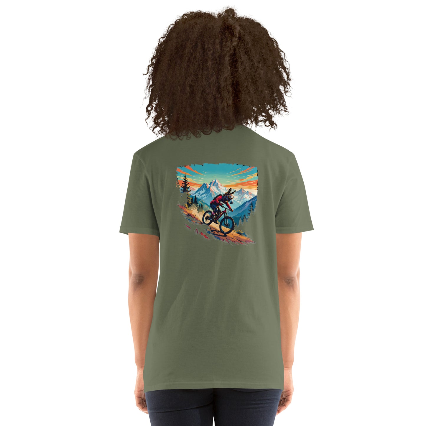 Person wearing a green t-shirt with a mountain bike graphic on the back