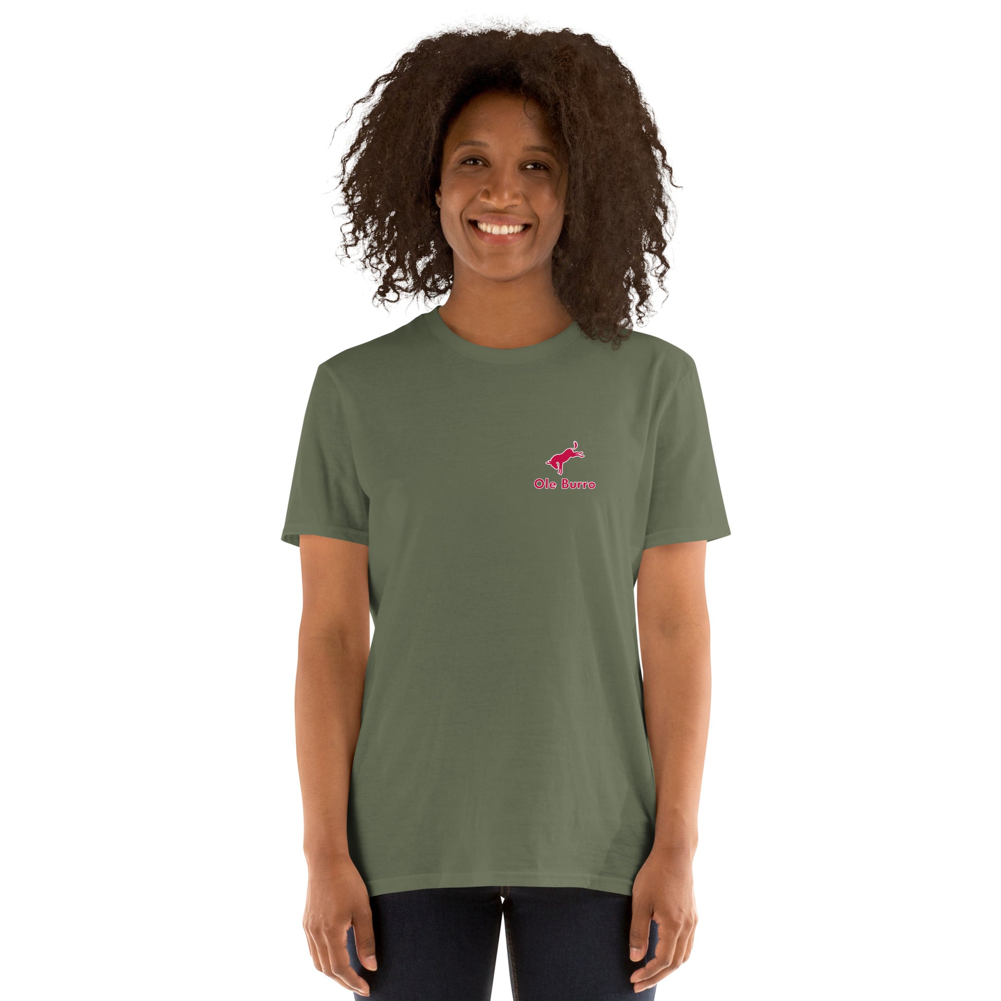 Person wearing a green t-shirt with a logo on a white background