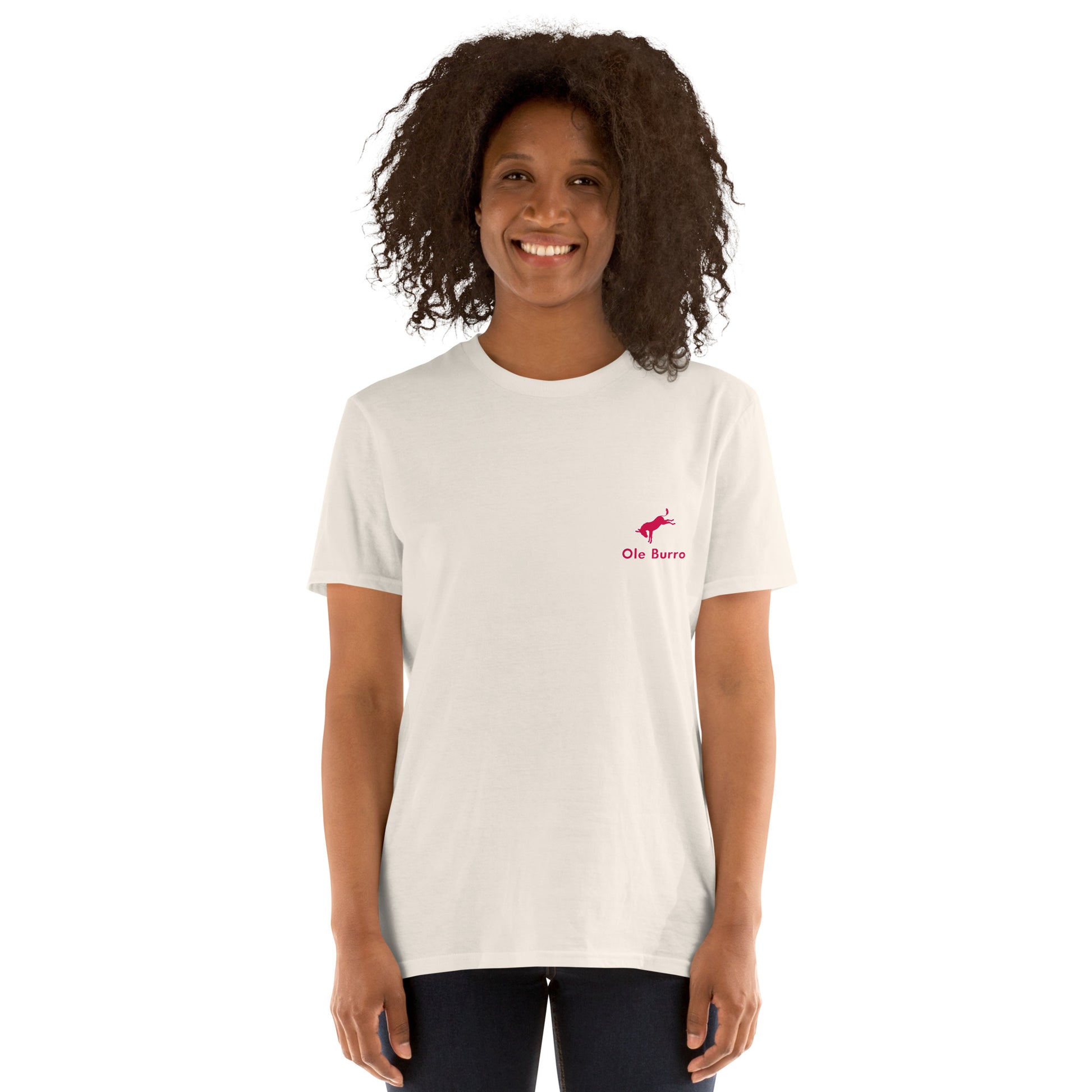 Person wearing a white t-shirt with a logo on a white background