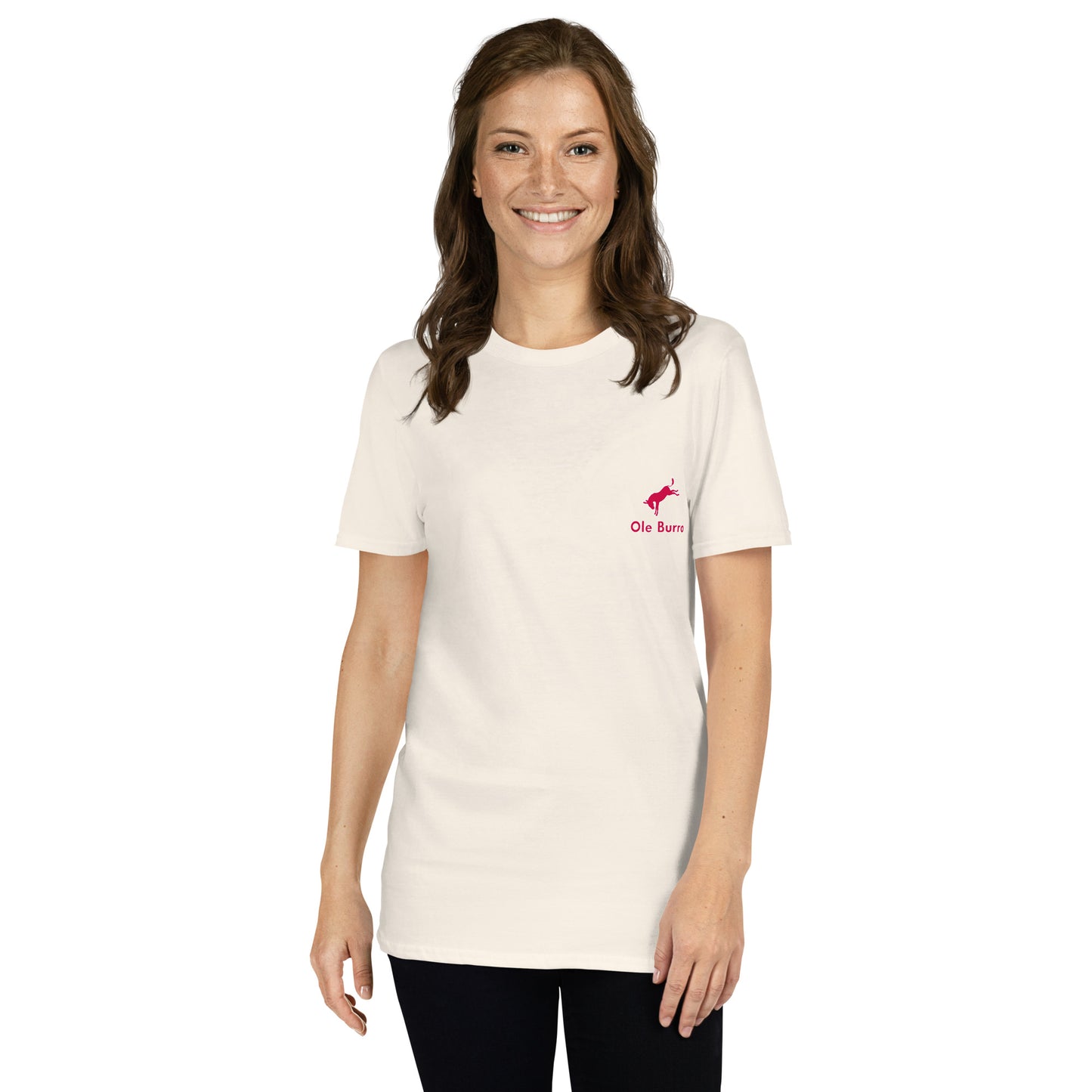 Woman wearing a white t-shirt with a logo on a white background
