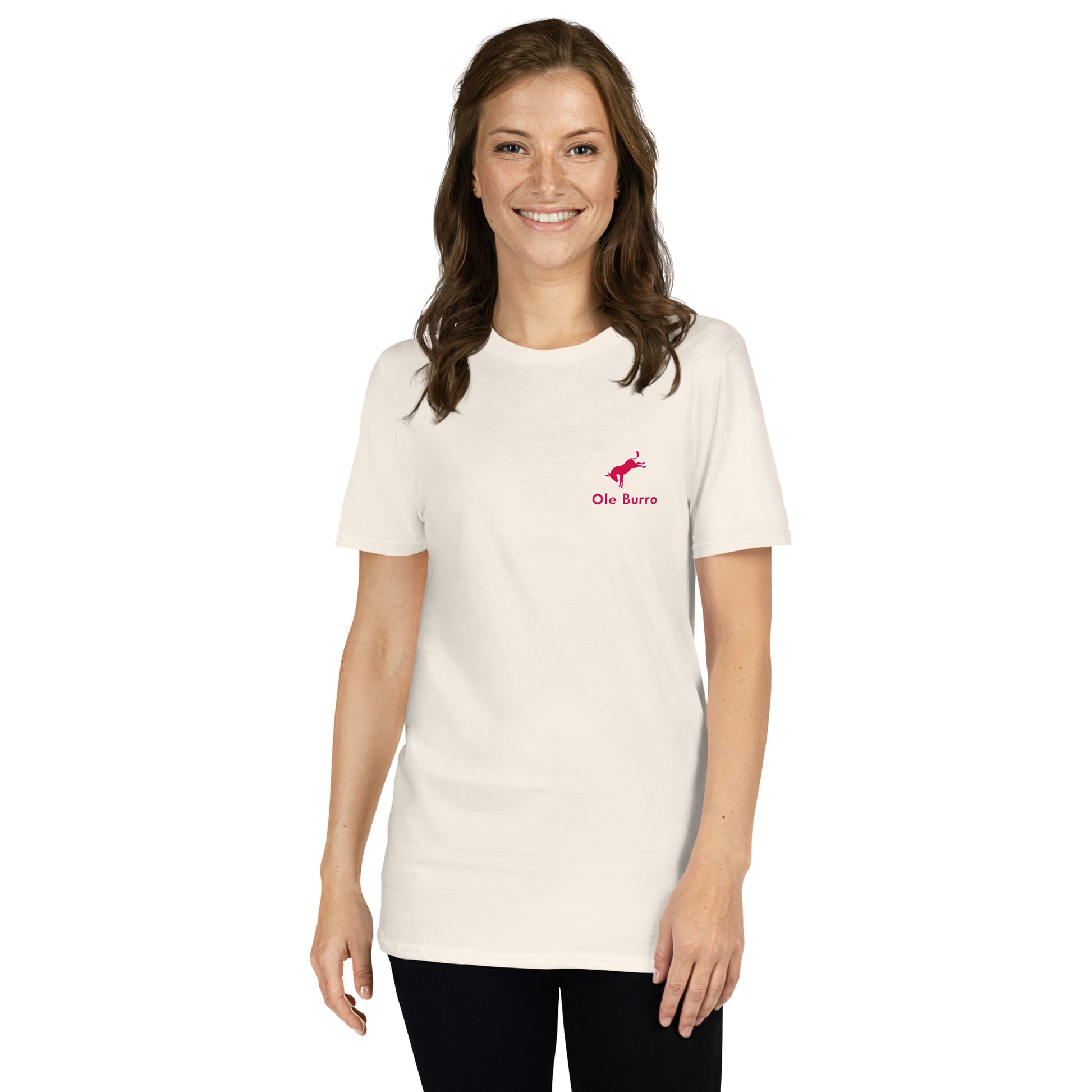 Woman wearing a white t-shirt with a logo on a white background