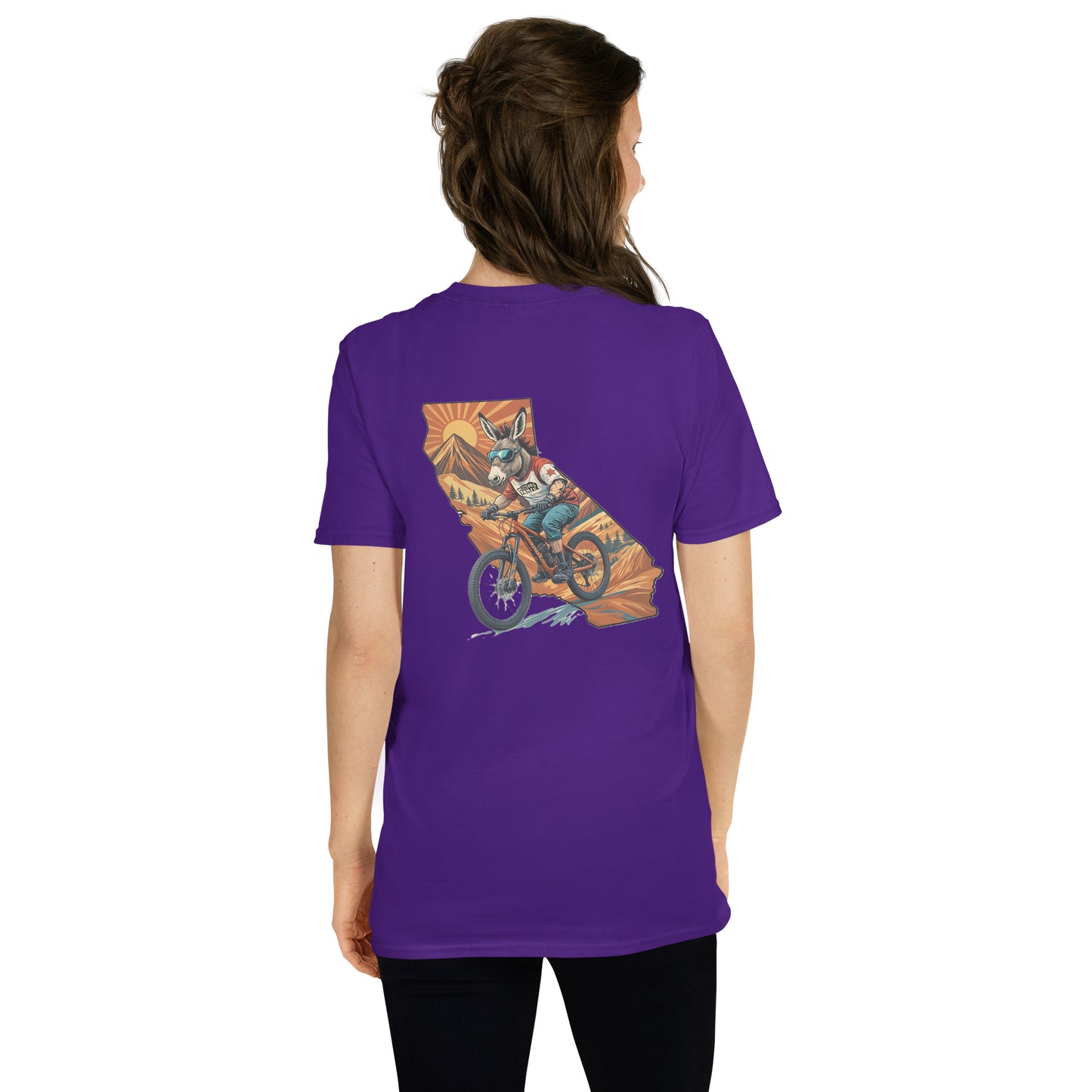 Person wearing a purple t-shirt with a colorful graphic on the back, standing against a white background