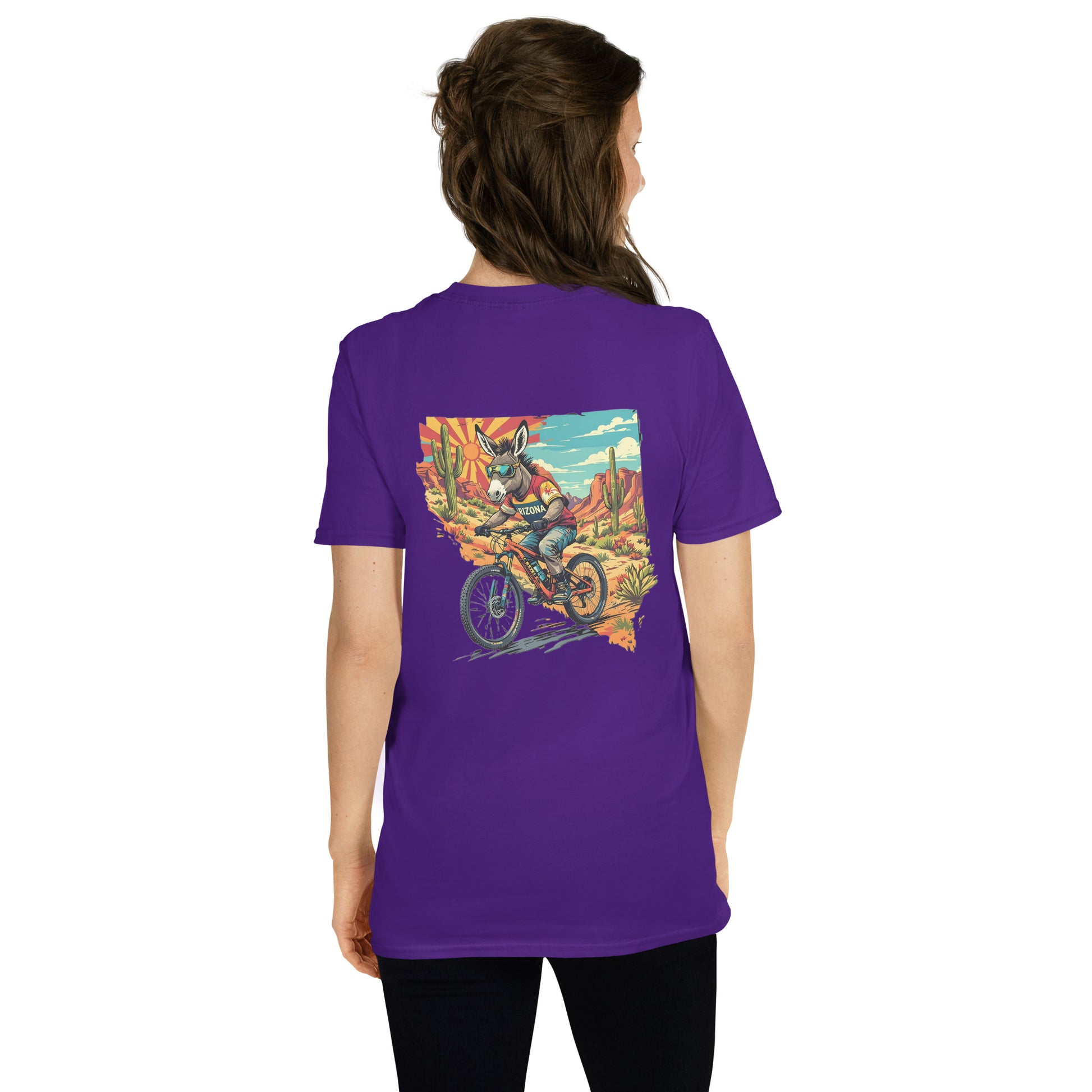 Person wearing a purple t-shirt with a colorful graphic on the back
