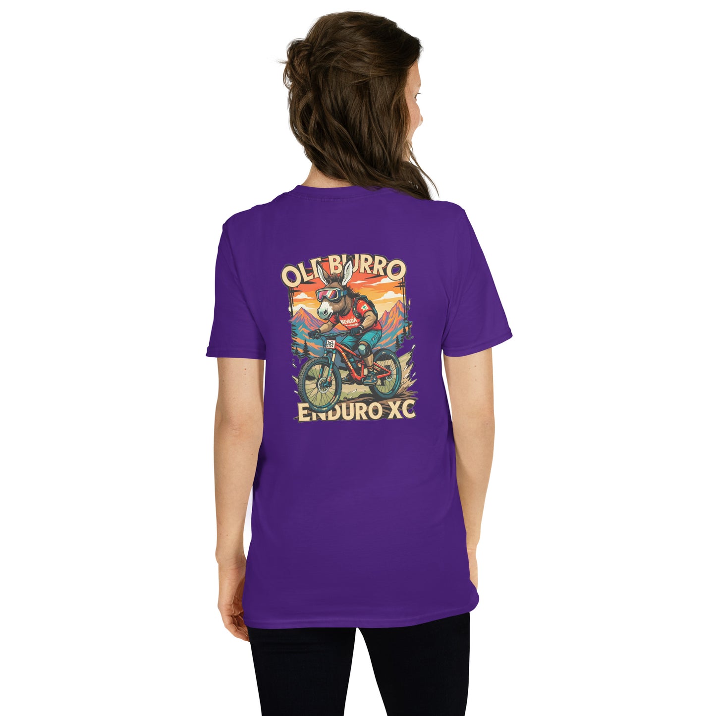 Person wearing a purple t-shirt with a graphic design on the back