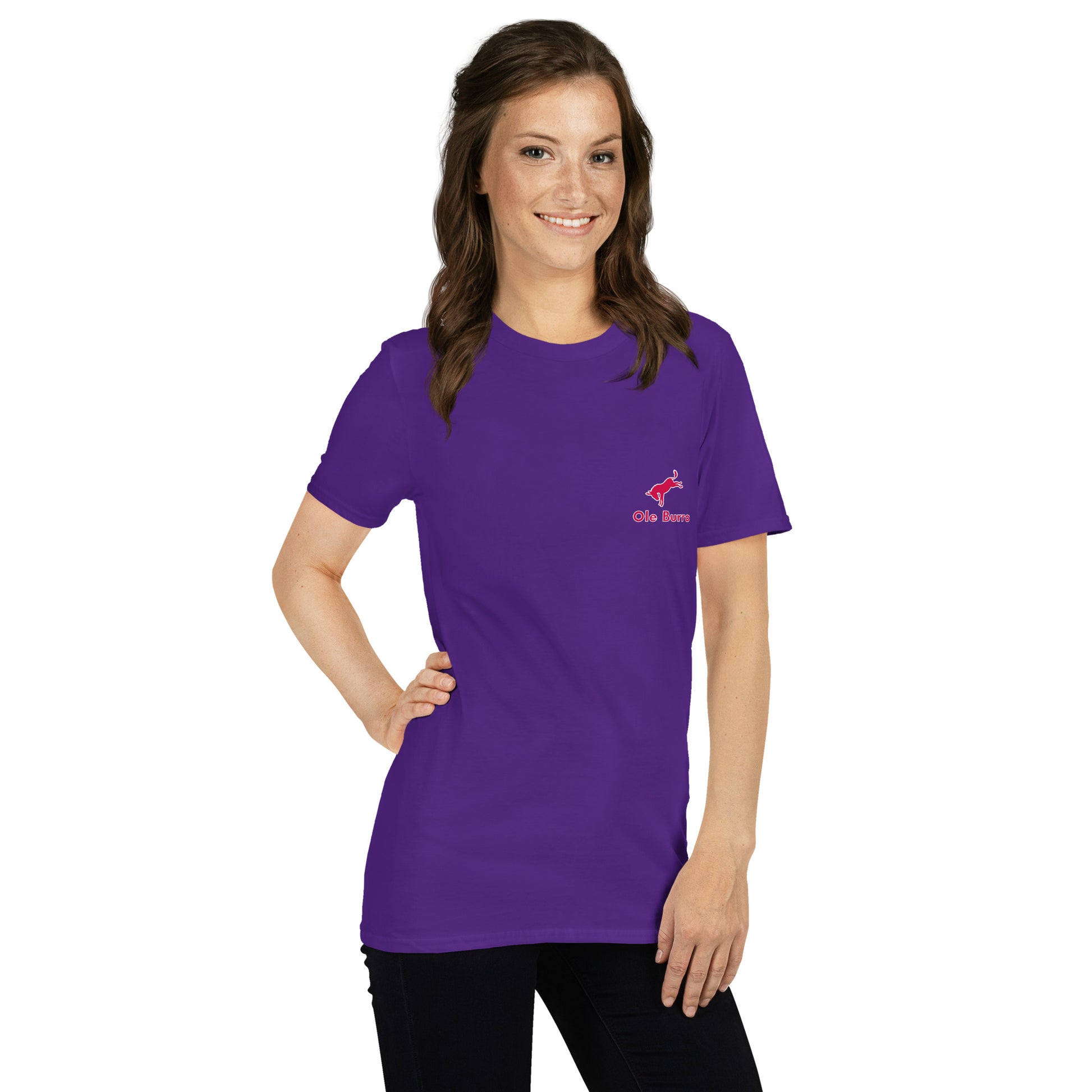 Woman wearing a purple t-shirt with a logo on a white background