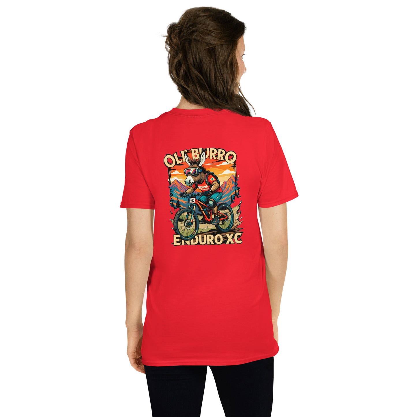Person wearing a red t-shirt with a graphic design on the back, standing against a white background
