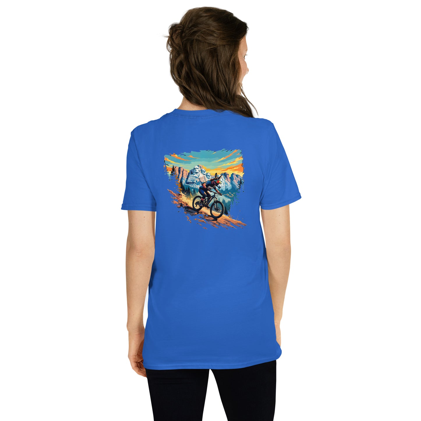 Person wearing a blue t-shirt with a mountain bike graphic on the back