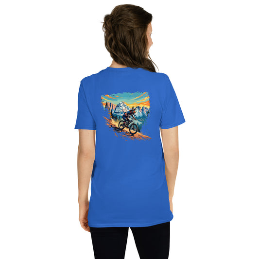 Person wearing a blue t-shirt with a mountain bike graphic on the back