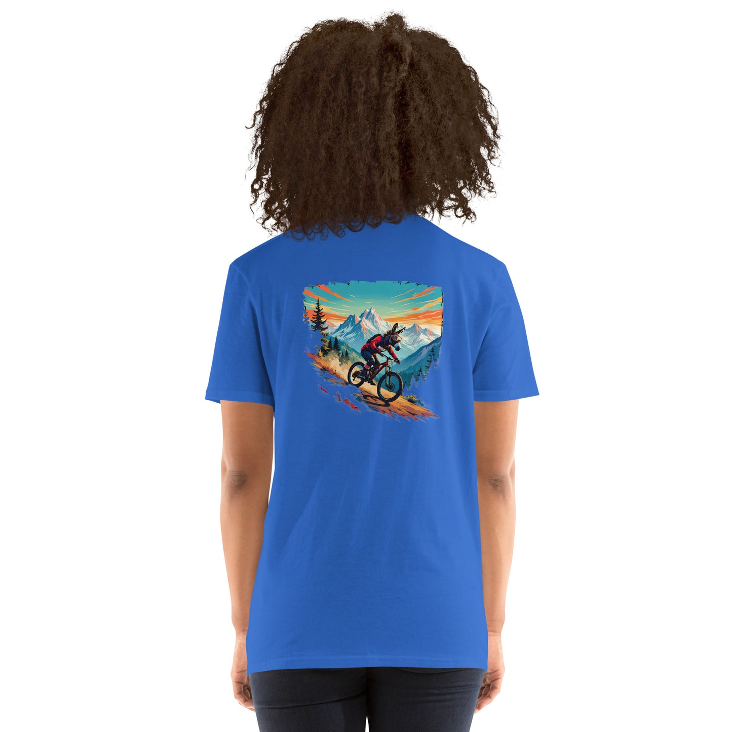 Person wearing a blue t-shirt with a mountain bike graphic on the back
