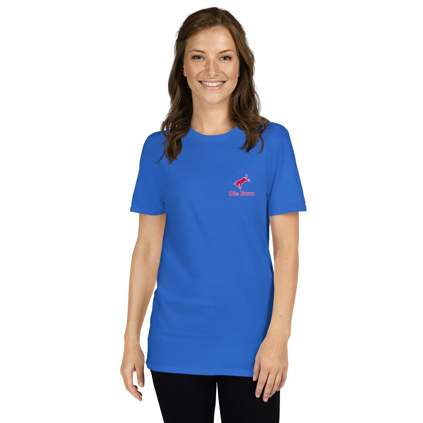 Woman wearing a blue t-shirt with a logo on a white background