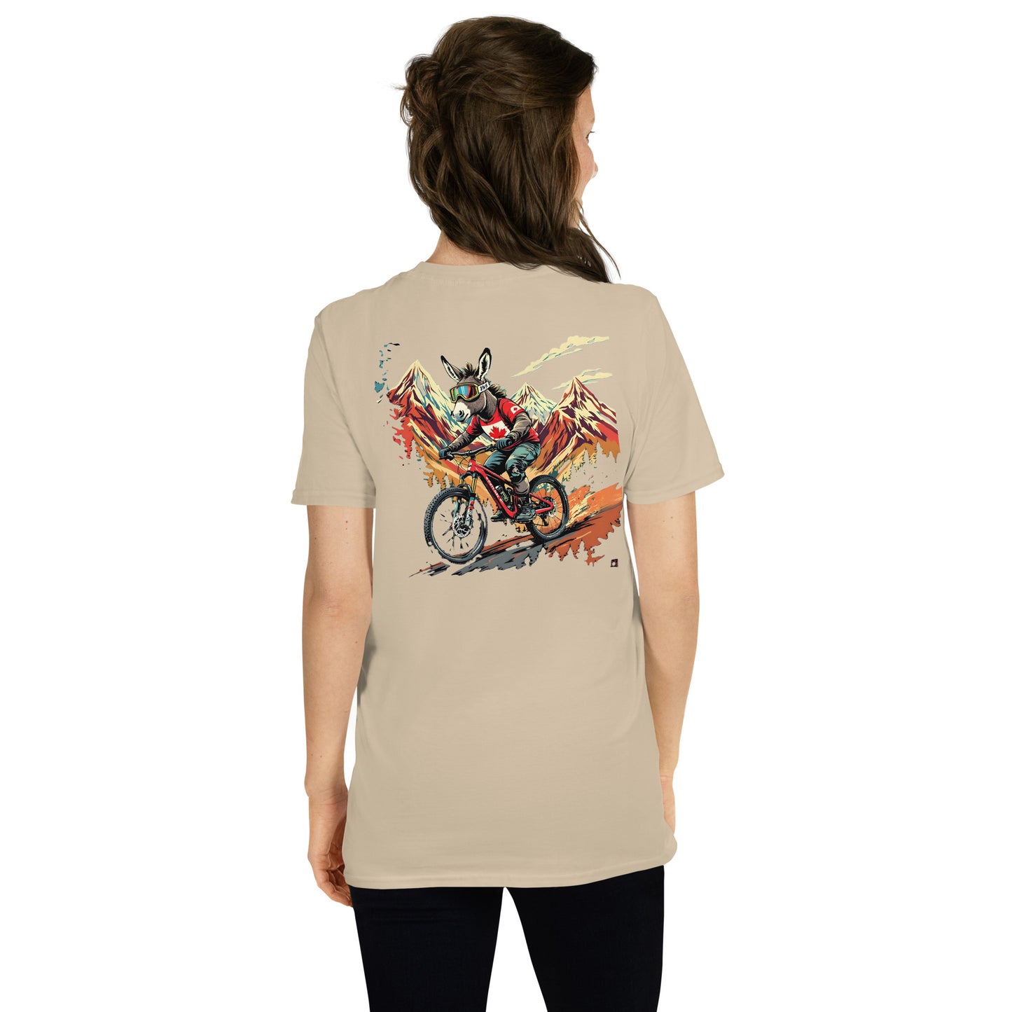Person wearing a beige t-shirt with a graphic design on the back