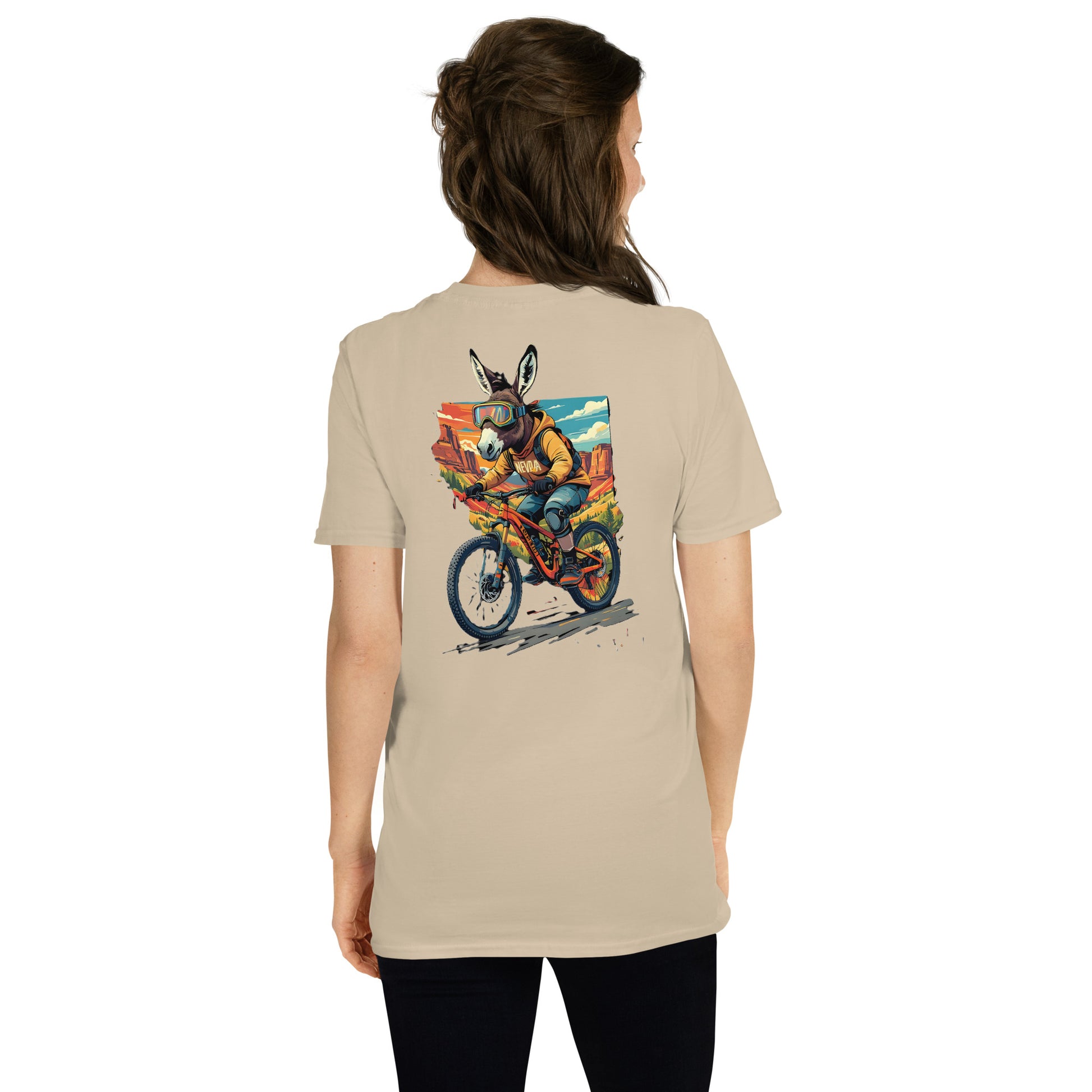 Person wearing a beige t-shirt with a colorful graphic of a donkey on a motorcycle on the back.