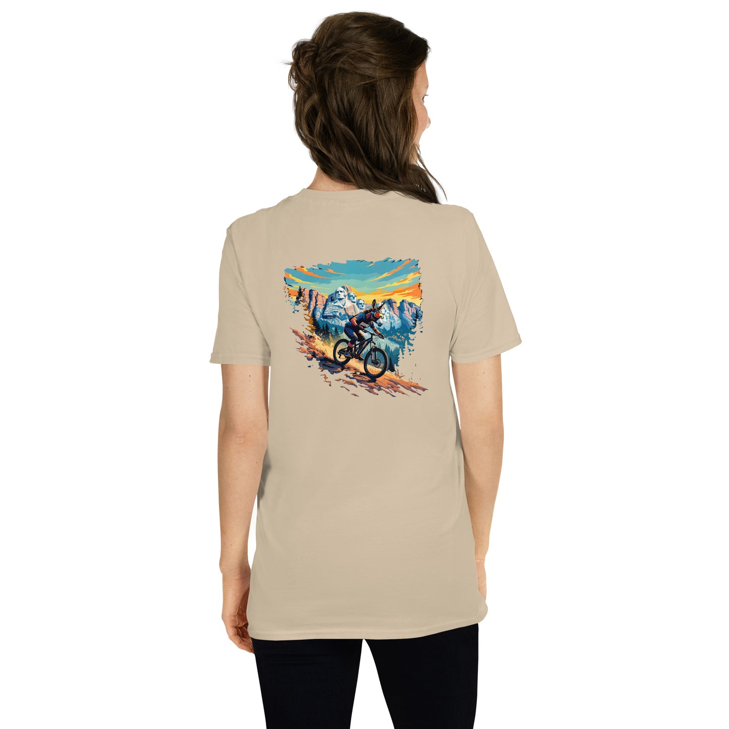 Person wearing a beige t-shirt with a graphic of a mountain bike on the back