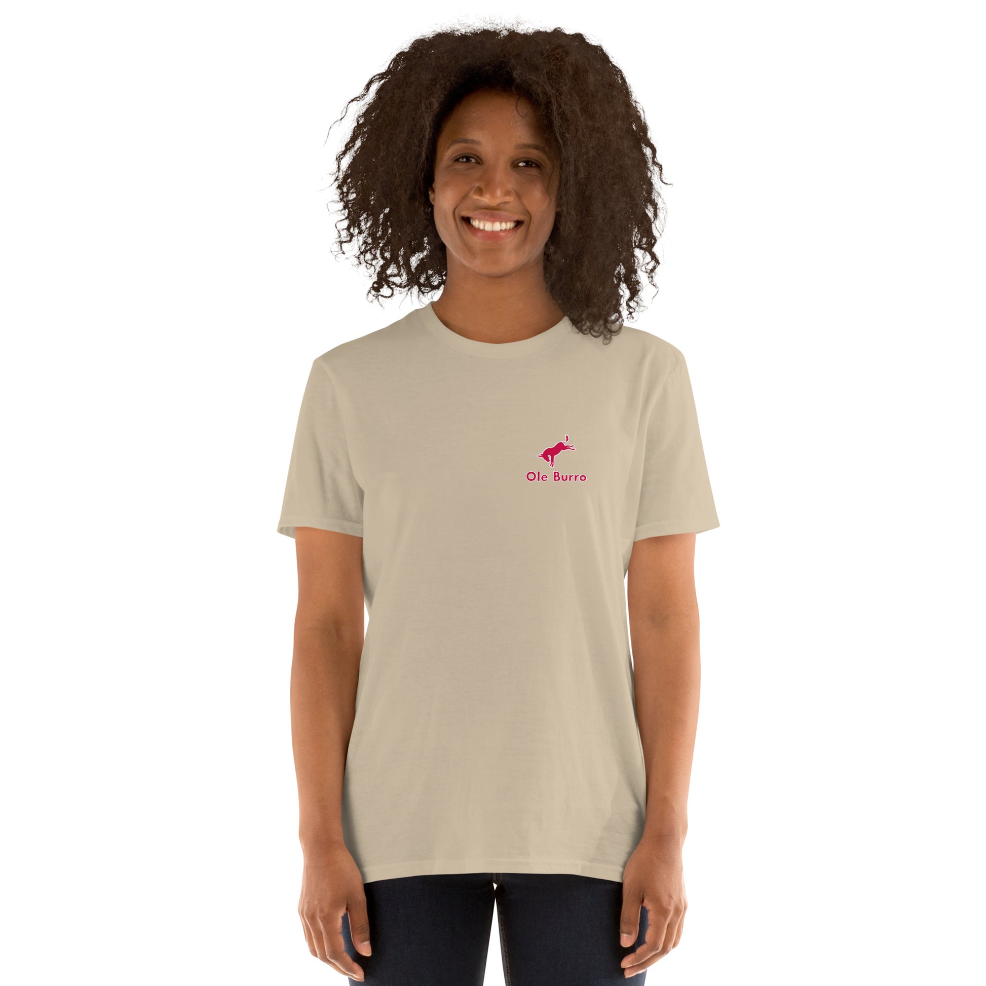 Person wearing a beige t-shirt with a logo on a white background