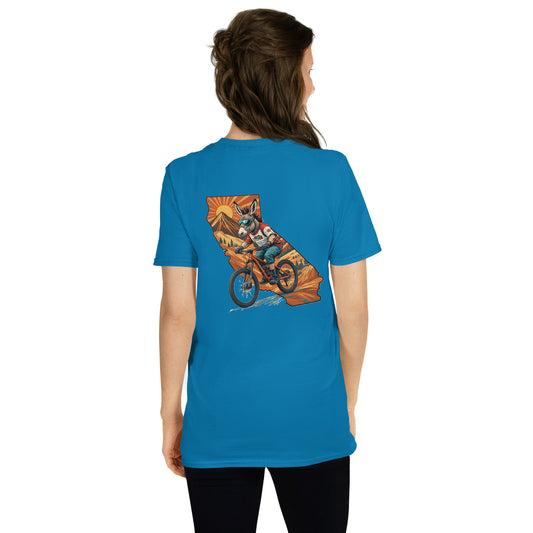 Person wearing a blue t-shirt with a graphic design on the back, standing against a white background