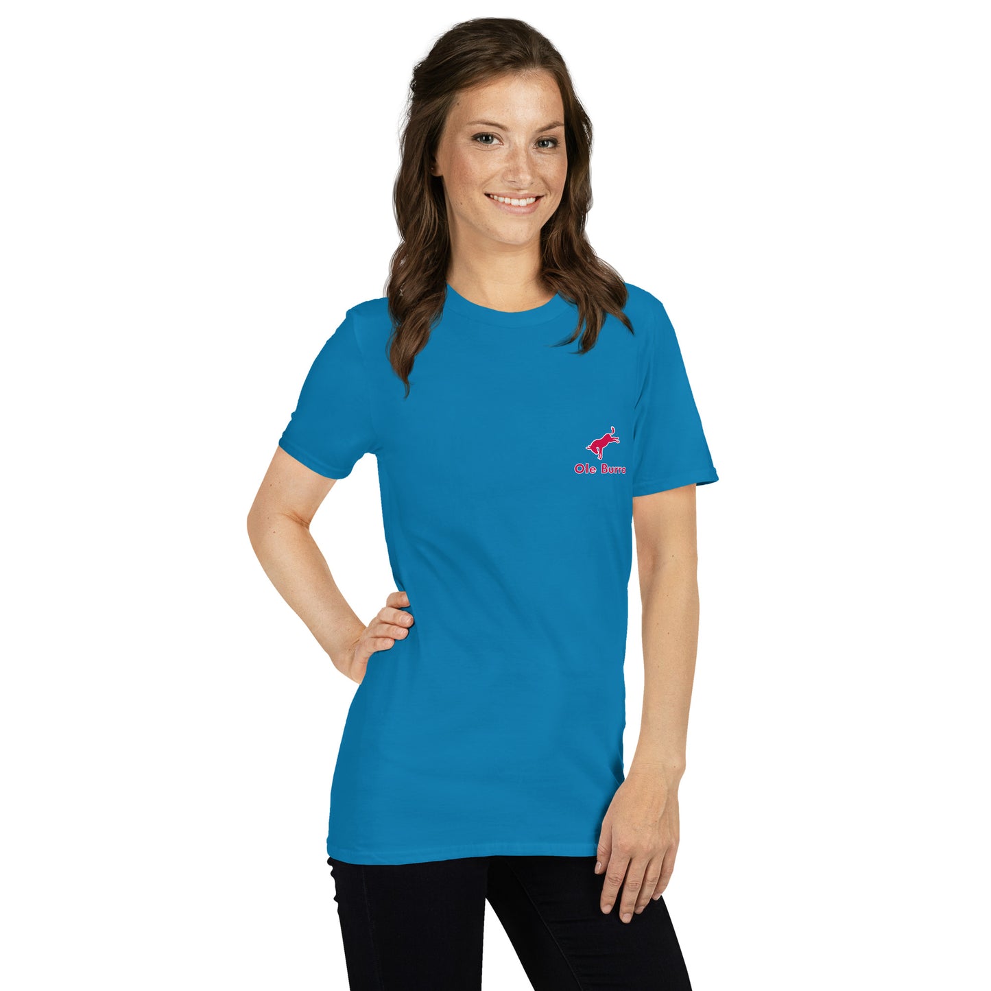 Woman wearing a blue t-shirt with a logo on a white background