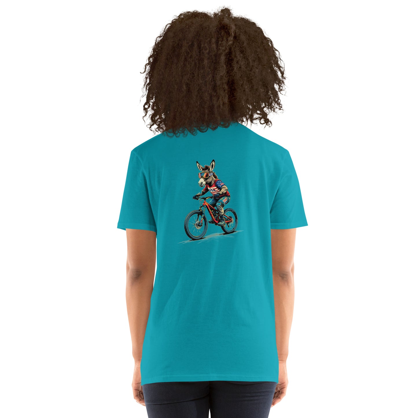 Person wearing a turquoise t-shirt with a graphic of a person riding a bike on the back.