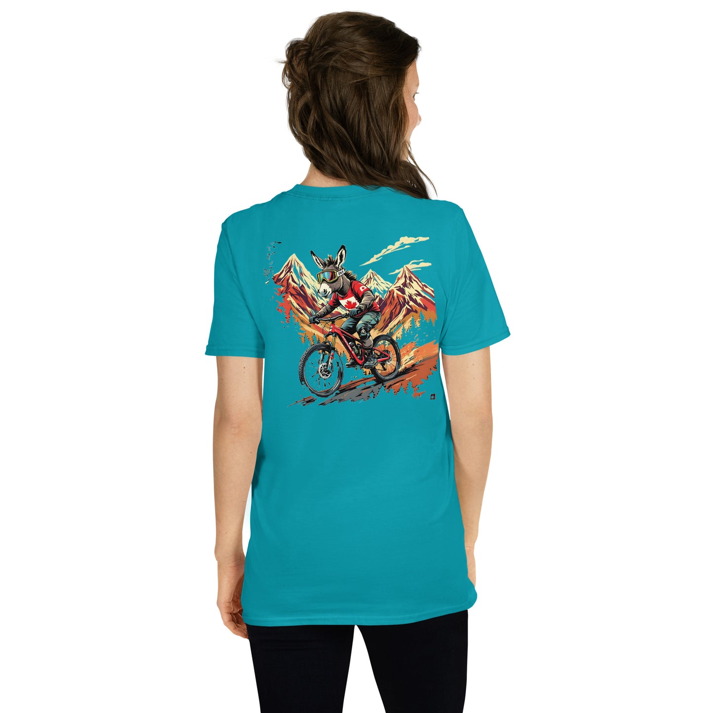 Person wearing a turquoise t-shirt with a graphic design on the back