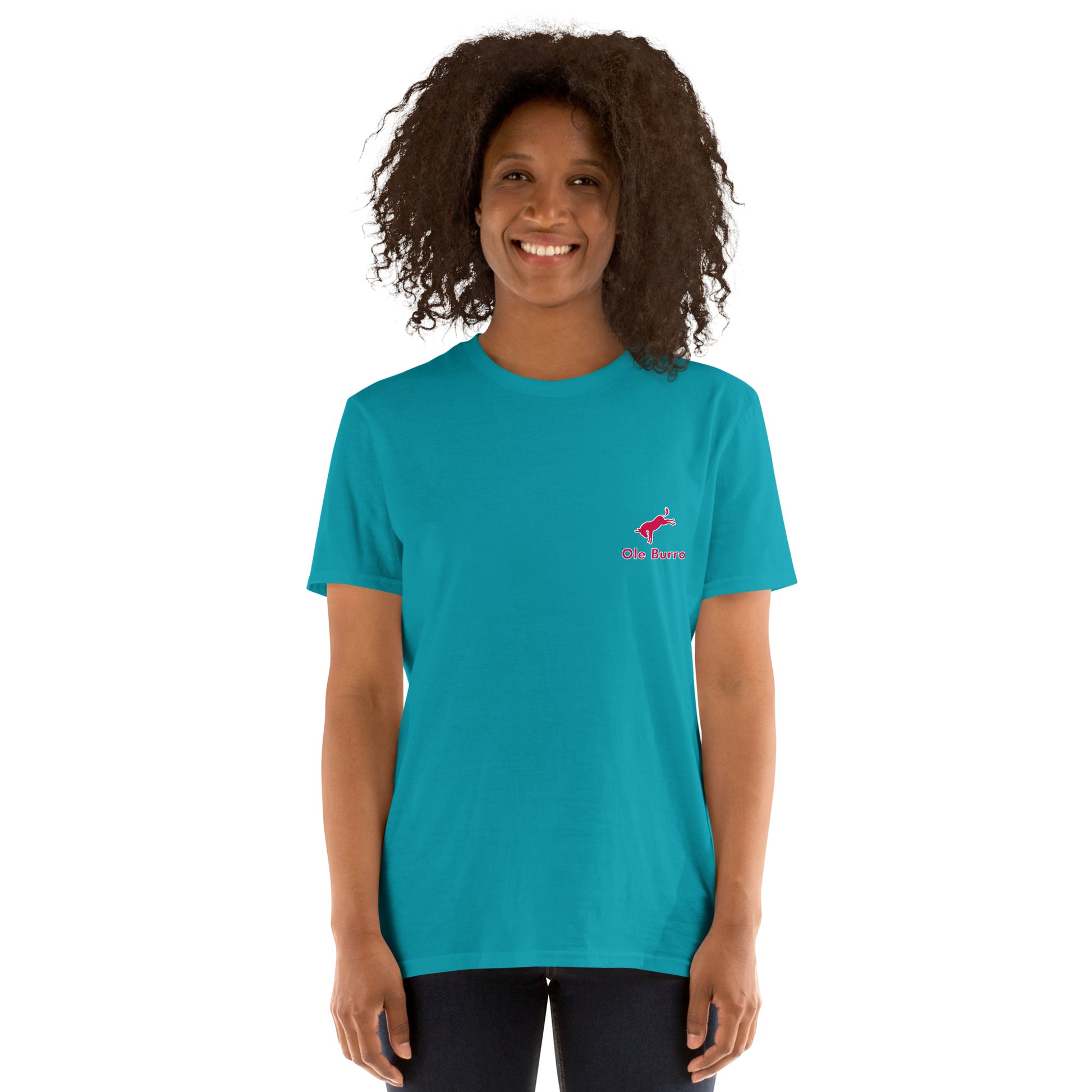Person wearing a teal t-shirt with a logo on a white background