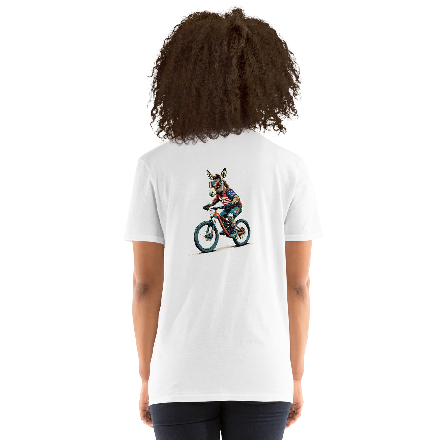 Person wearing a white t-shirt with a graphic of a person riding a bike on the back, on a white background