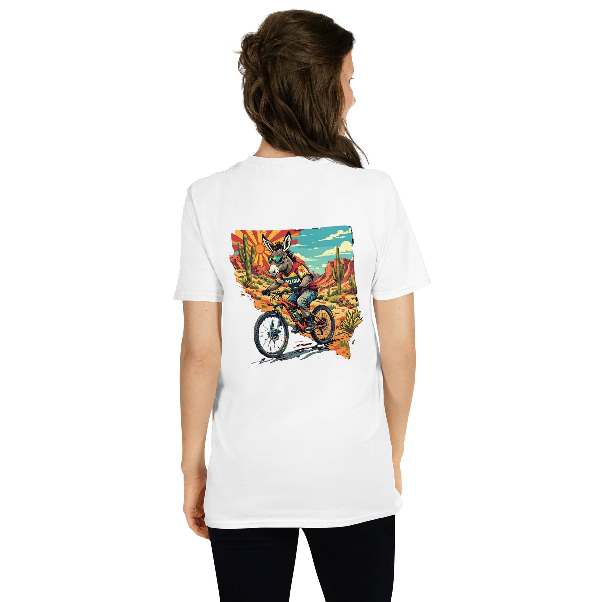 Person wearing a white t-shirt with a colorful graphic on the back, standing against a white background