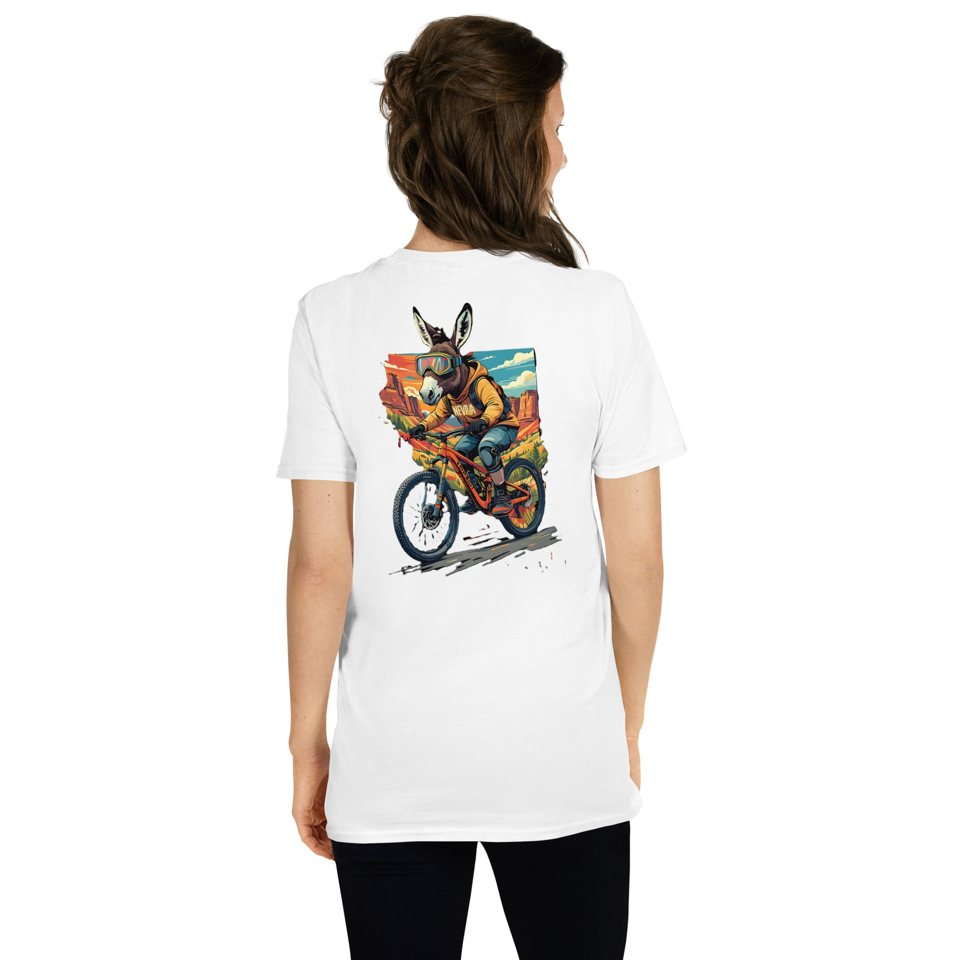 Person wearing a white t-shirt with a colorful graphic of a donkey on a motorcycle on the back.