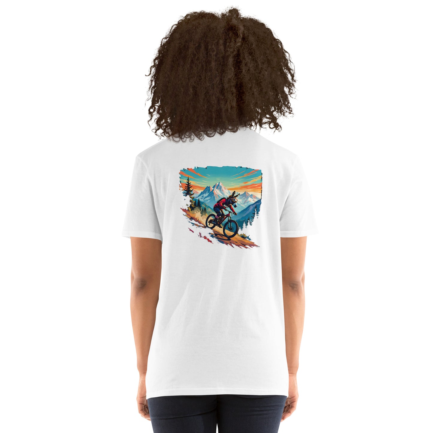 Person wearing a white t-shirt with a mountain bike graphic on the back