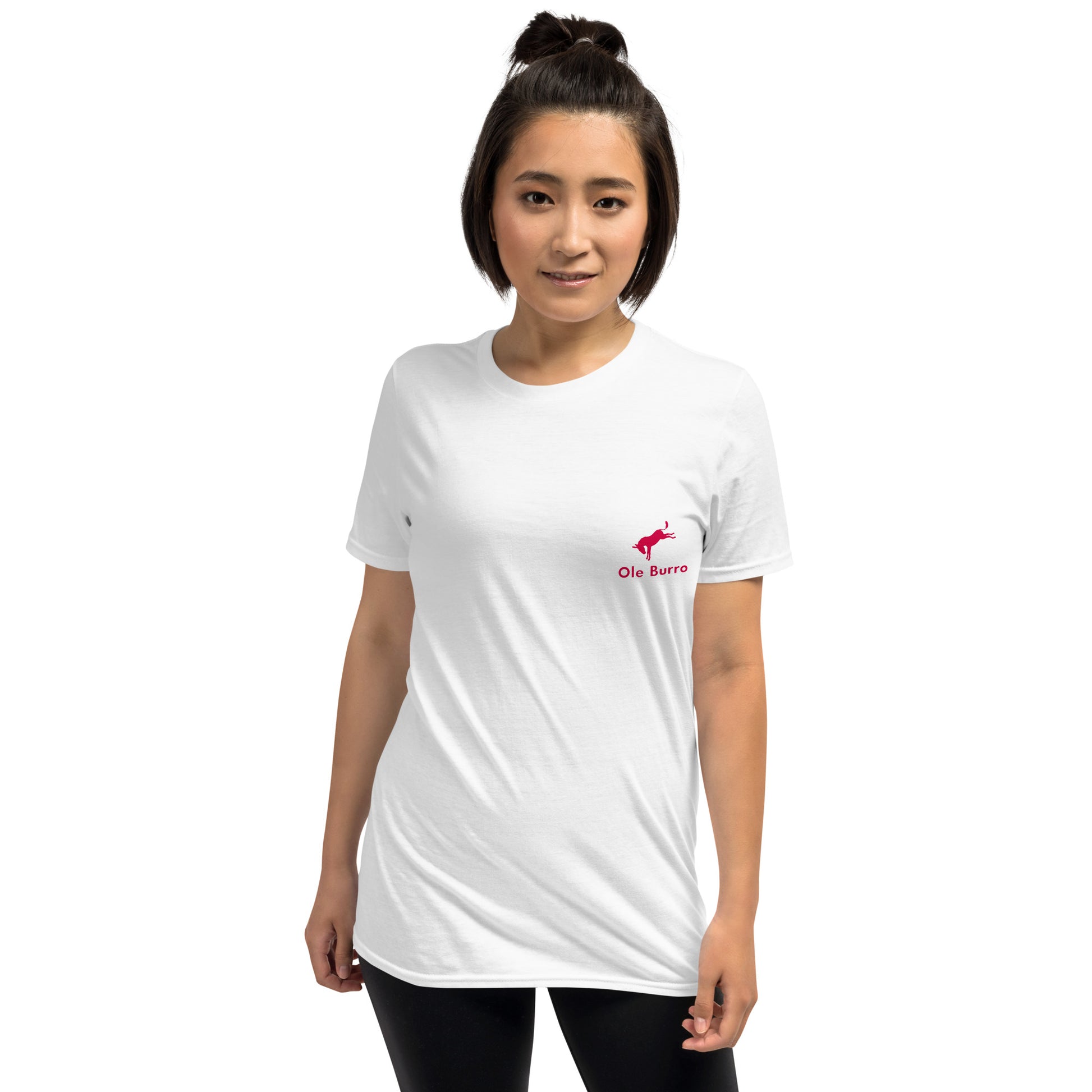 Person wearing a white t-shirt with a red logo on a white background