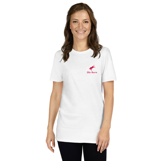 Woman wearing a white t-shirt with a red logo on a white background