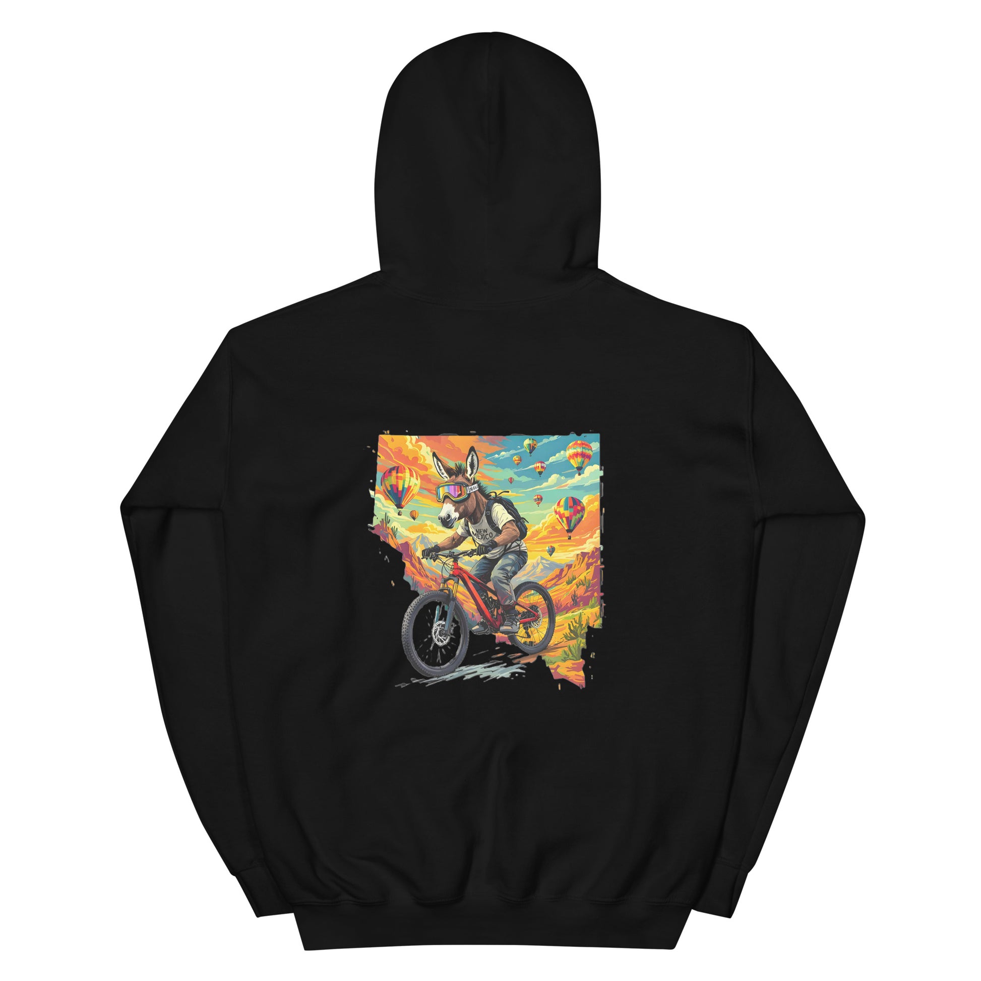 Black hoodie with a colorful graphic of a person riding a bike on the back