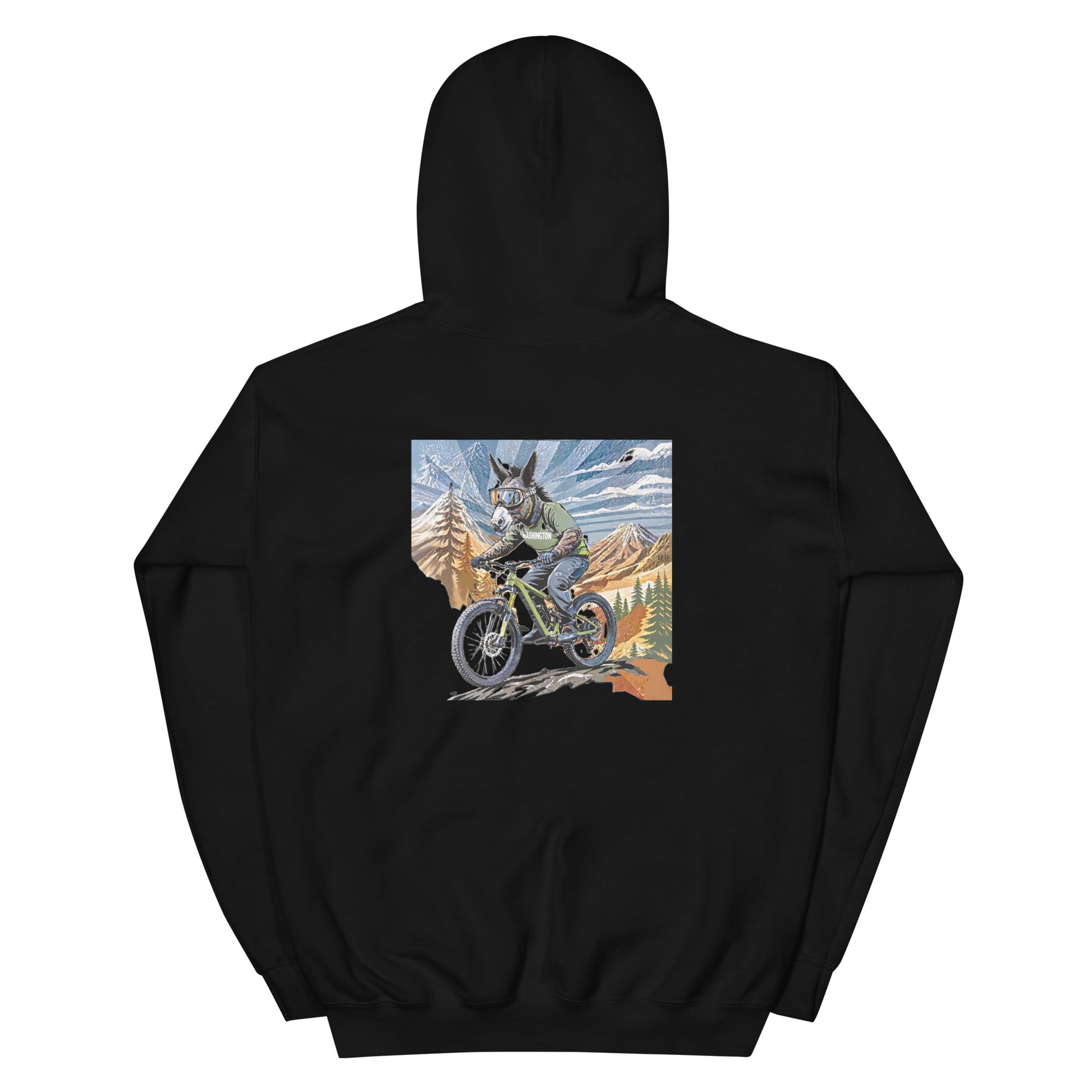Black hoodie with a graphic of a wolf on a motorcycle in a mountainous landscape on the back.